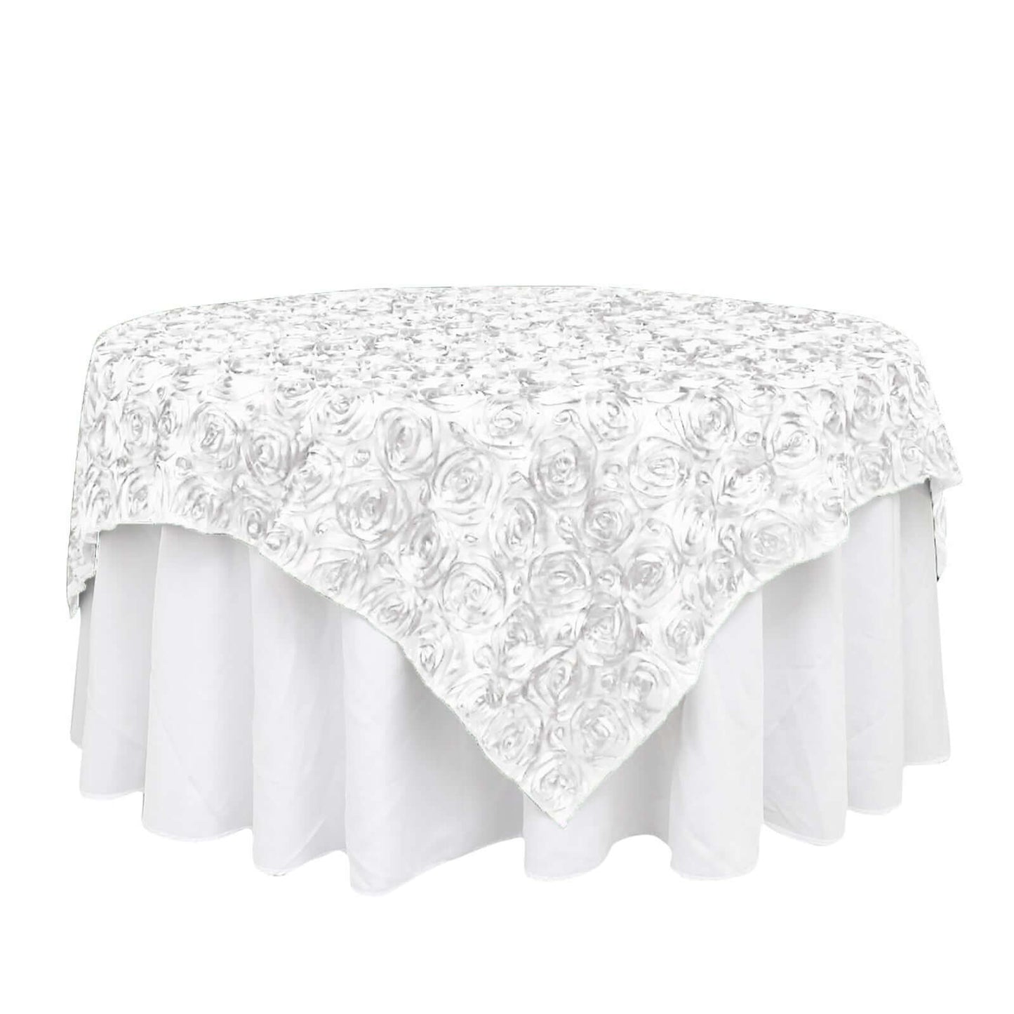 Satin 72"x72" Table Overlay Square Tablecloth White - 3D Rosette Design for Stylish Occasions - Linen Luxes