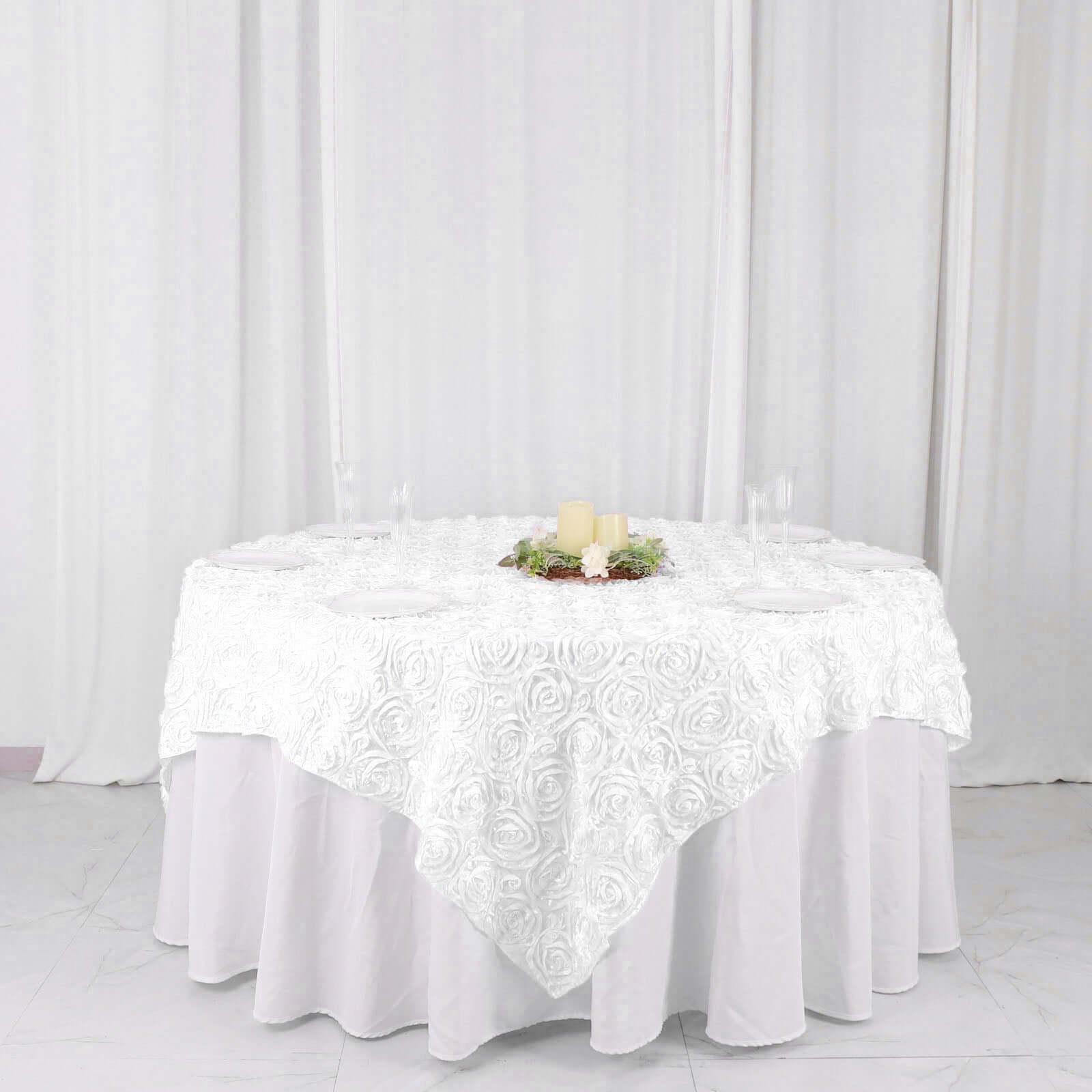 Satin 72"x72" Table Overlay Square Tablecloth White - 3D Rosette Design for Stylish Occasions - Linen Luxes