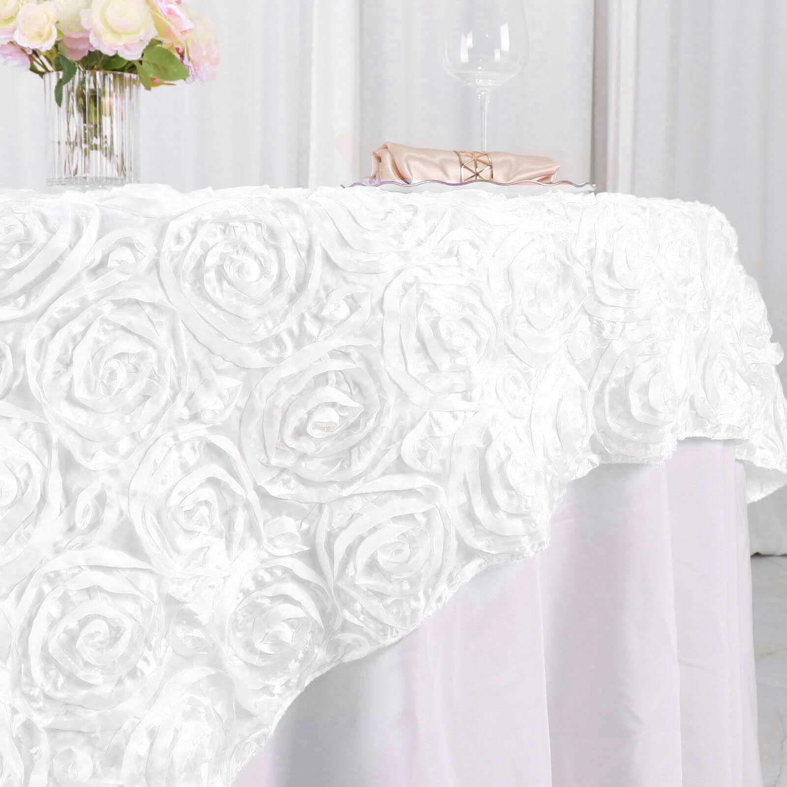 Satin 72"x72" Table Overlay Square Tablecloth White - 3D Rosette Design for Stylish Occasions - Linen Luxes