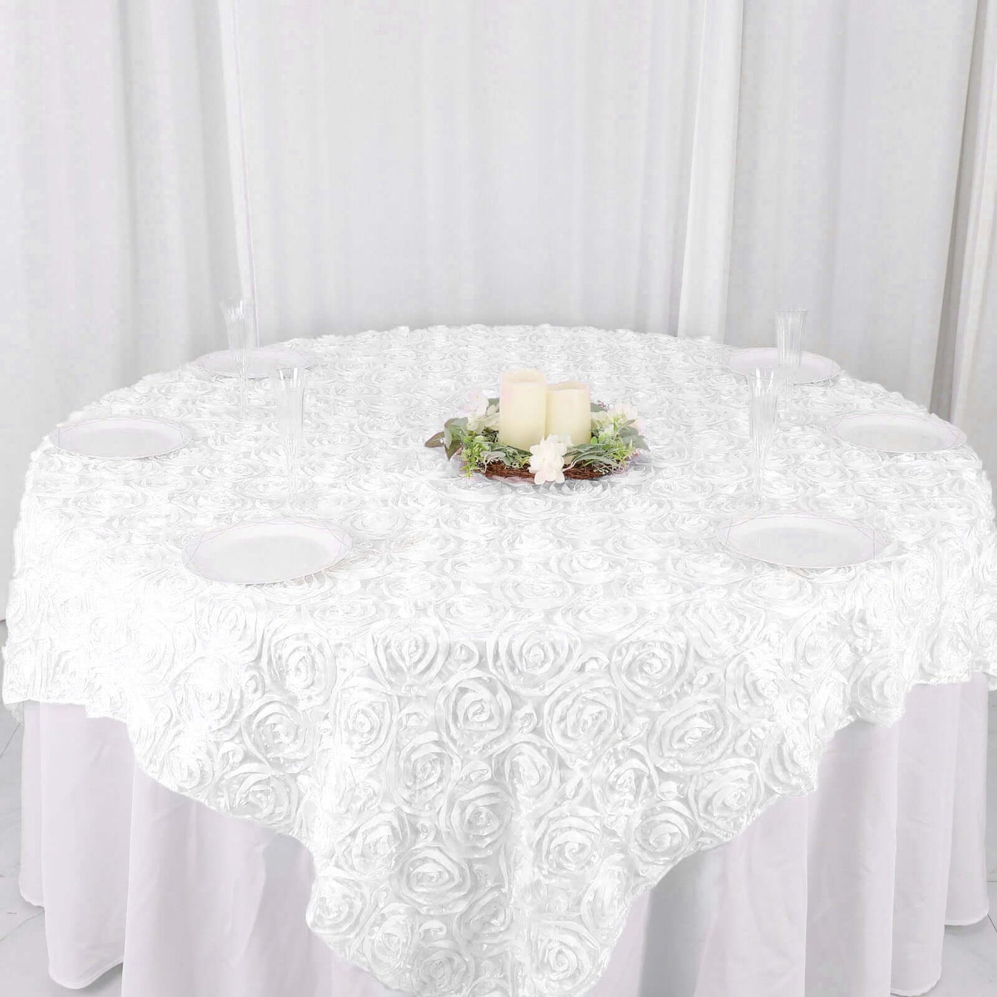Satin 72"x72" Table Overlay Square Tablecloth White - 3D Rosette Design for Stylish Occasions - Linen Luxes