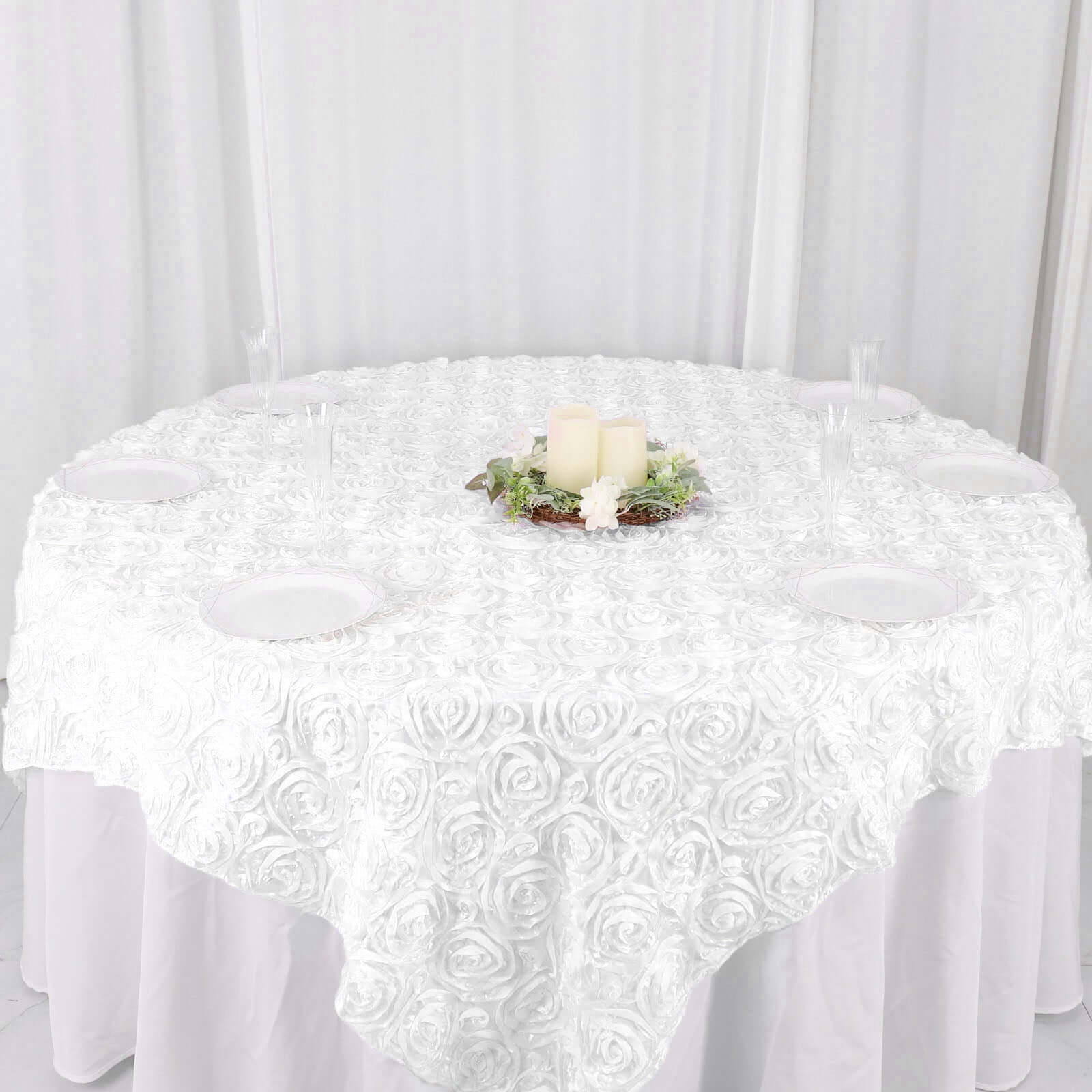 Satin 72"x72" Table Overlay Square Tablecloth White - 3D Rosette Design for Stylish Occasions - Linen Luxes