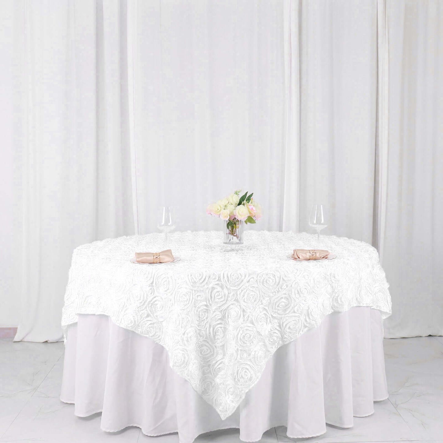 Satin 72"x72" Table Overlay Square Tablecloth White - 3D Rosette Design for Stylish Occasions - Linen Luxes