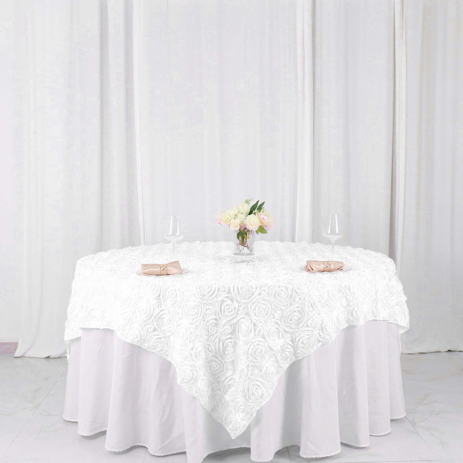 Satin 72"x72" Table Overlay Square Tablecloth White - 3D Rosette Design for Stylish Occasions - Linen Luxes