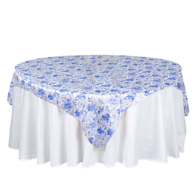 Satin 72"x72" Table Overlay Square Tablecloth White Blue - French Toile Floral Design for Stylish Celebrations