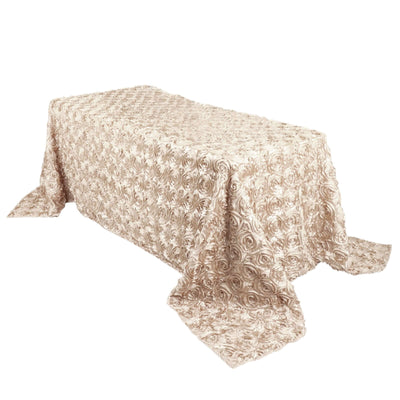 Satin 90"x132" Rectangle Tablecloth Beige - Grandiose 3D Rosette Seamless Table Cover