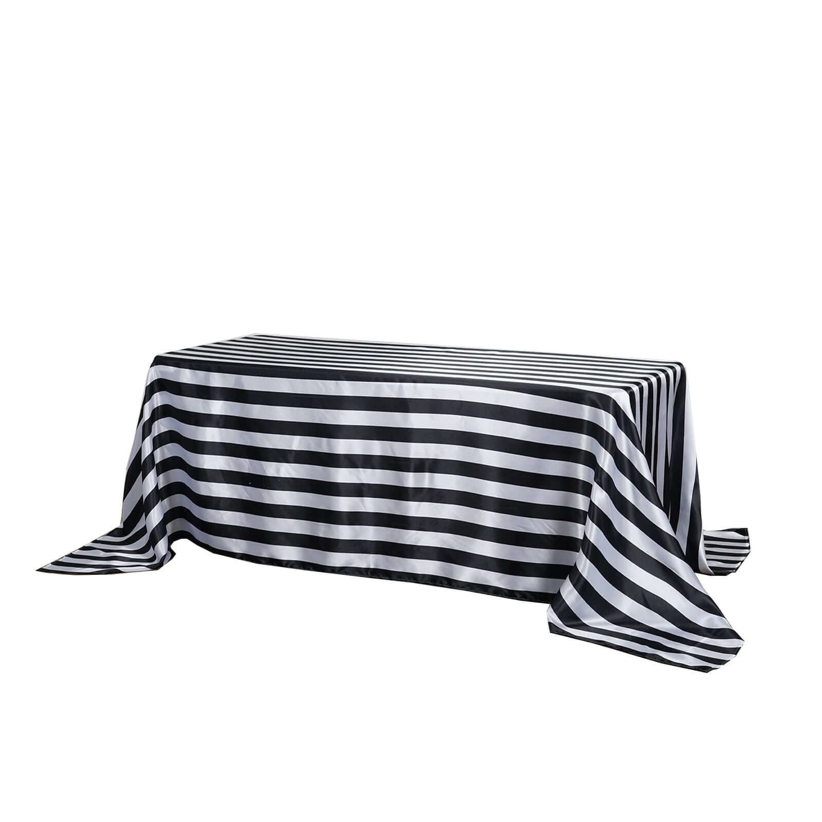 Satin 90"x132" Rectangle Tablecloth Black/White - Stripe Design with Seamless Silky Smooth Finish for Modern Celebrations - Linen Luxes