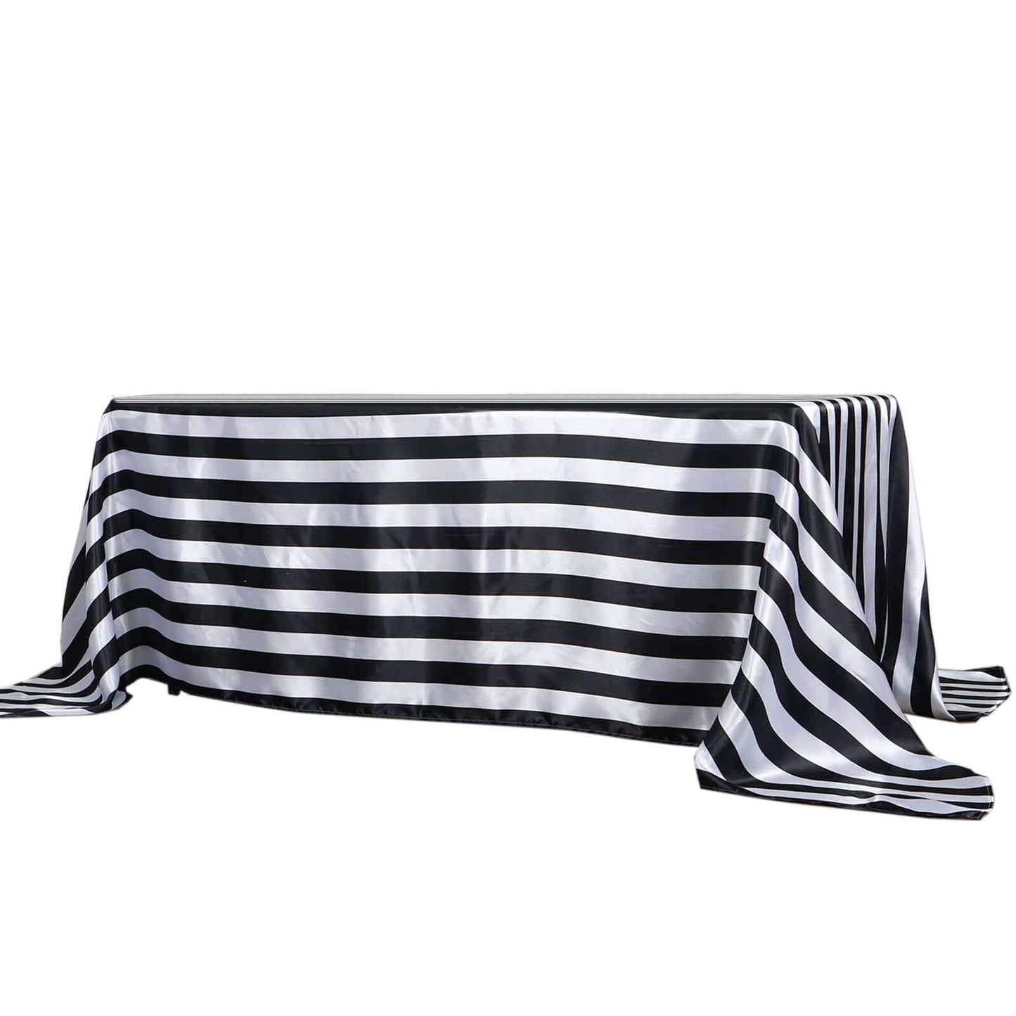 Satin 90"x132" Rectangle Tablecloth Black/White - Stripe Design with Seamless Silky Smooth Finish for Modern Celebrations - Linen Luxes