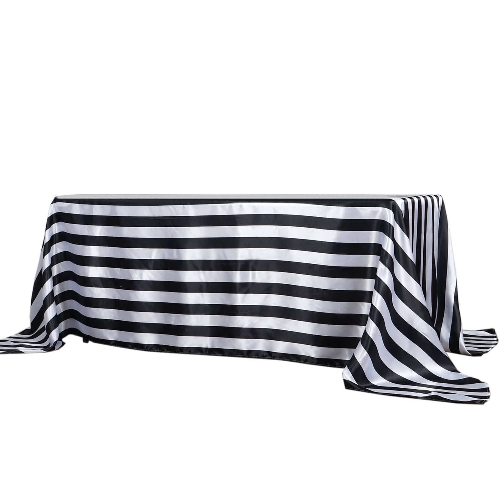 Satin 90"x132" Rectangle Tablecloth Black/White - Stripe Design with Seamless Silky Smooth Finish for Modern Celebrations - Linen Luxes