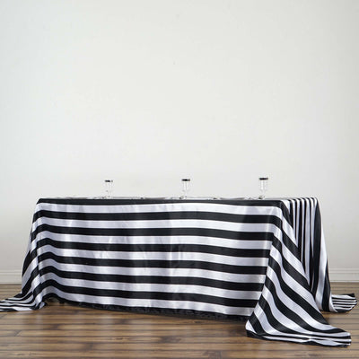 Satin 90"x132" Rectangle Tablecloth Black/White - Stripe Design with Seamless Silky Smooth Finish for Modern Celebrations - Linen Luxes