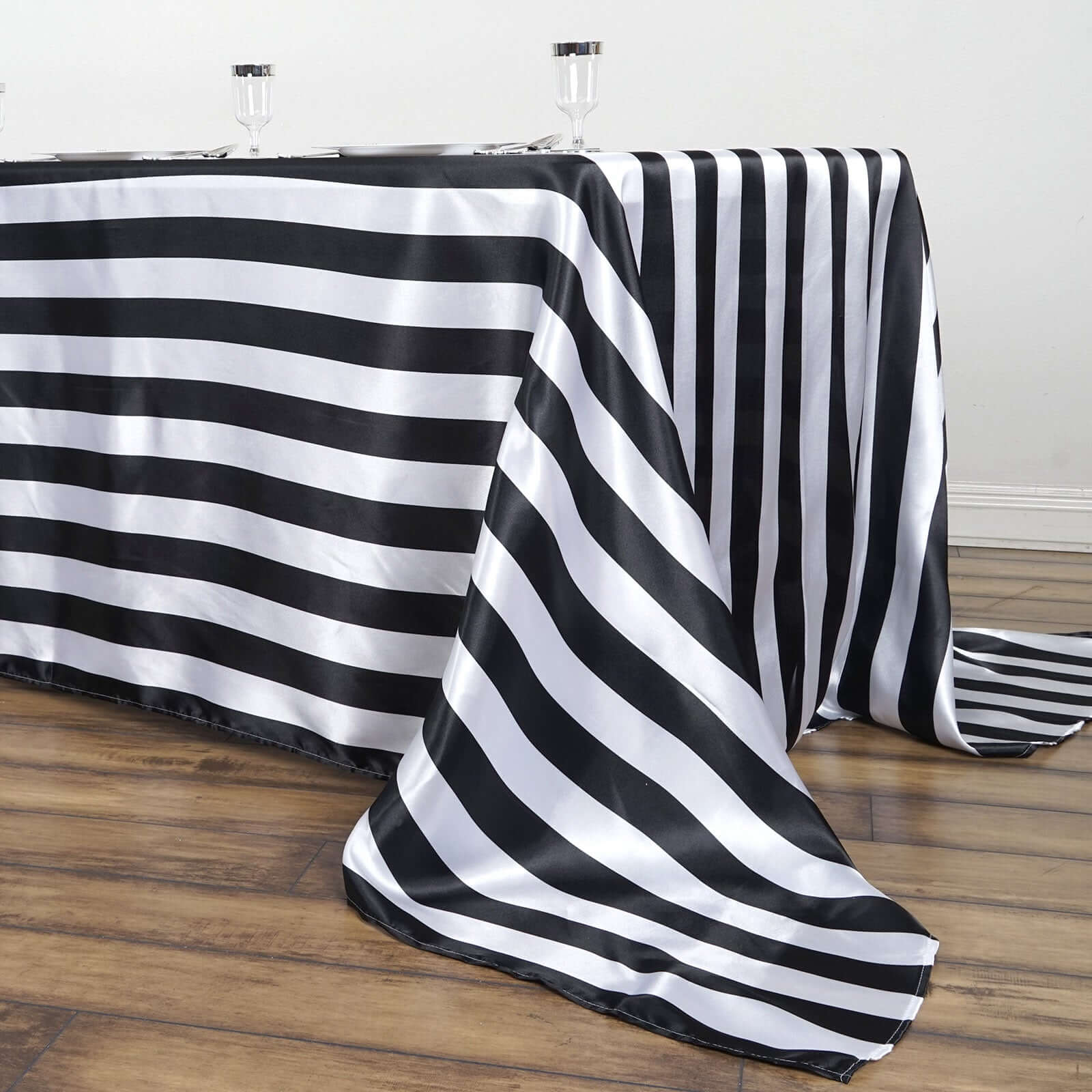 Satin 90"x132" Rectangle Tablecloth Black/White - Stripe Design with Seamless Silky Smooth Finish for Modern Celebrations - Linen Luxes