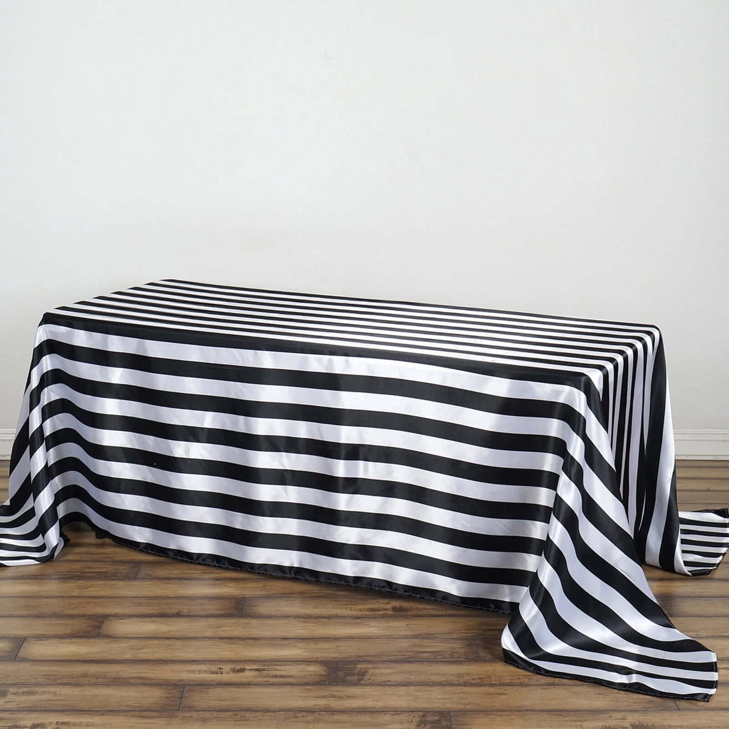Satin 90"x132" Rectangle Tablecloth Black/White - Stripe Design with Seamless Silky Smooth Finish for Modern Celebrations - Linen Luxes