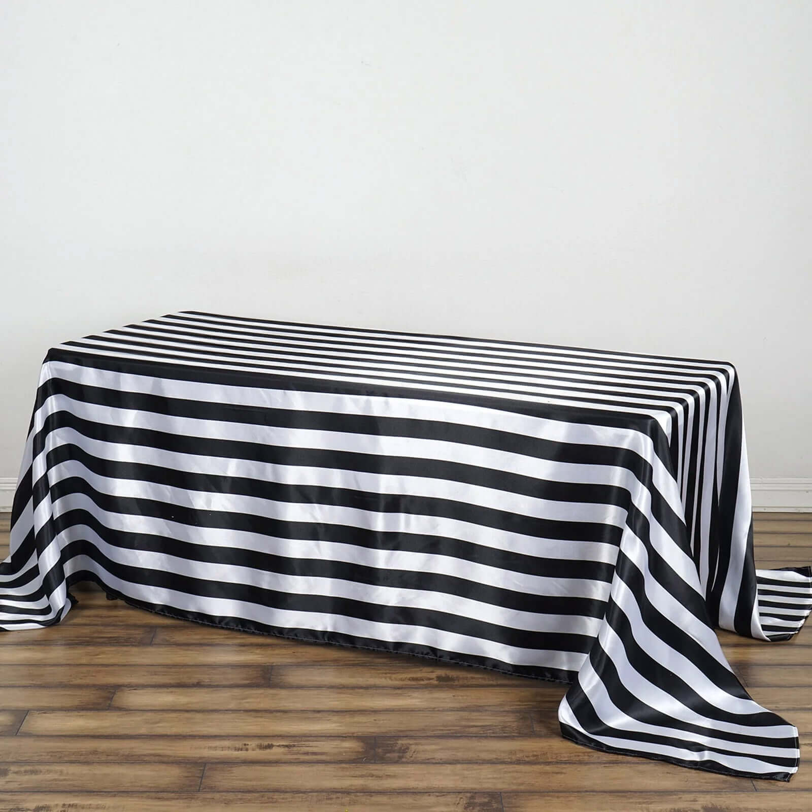 Satin 90"x132" Rectangle Tablecloth Black/White - Stripe Design with Seamless Silky Smooth Finish for Modern Celebrations - Linen Luxes