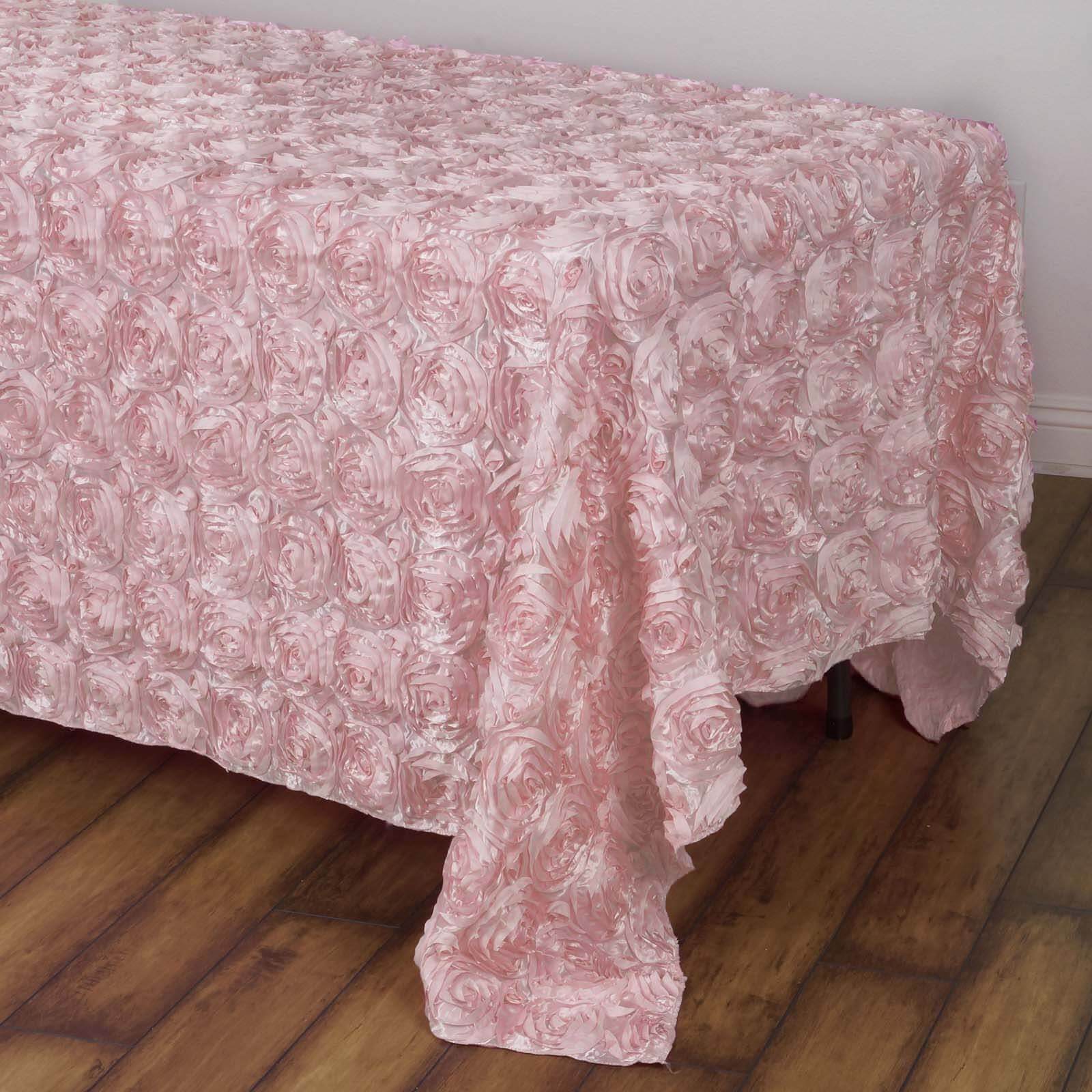 Satin 90"x132" Rectangle Tablecloth Blush - Grandiose 3D Rosette Seamless Table Cover - Linen Luxes