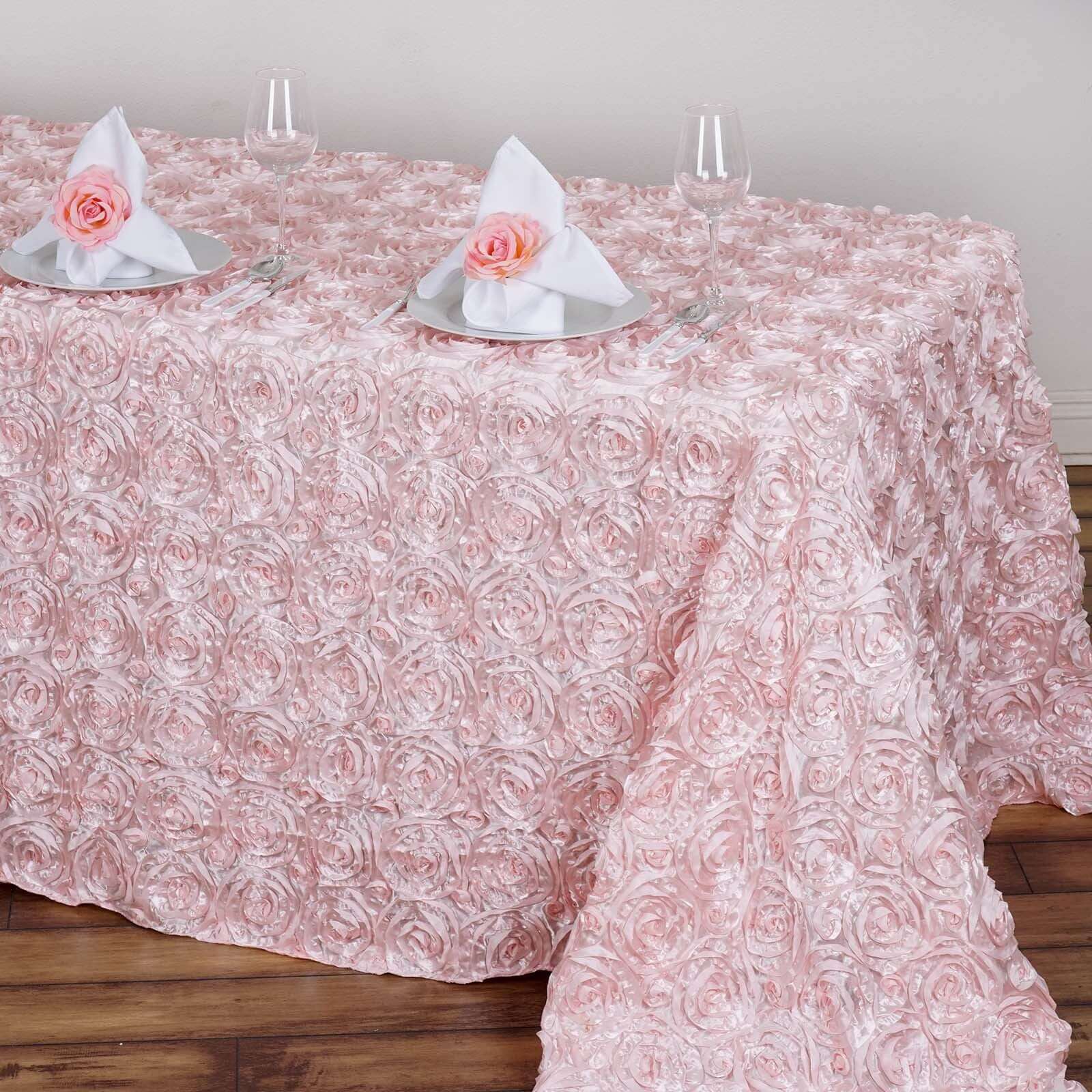 Satin 90"x132" Rectangle Tablecloth Blush - Grandiose 3D Rosette Seamless Table Cover - Linen Luxes