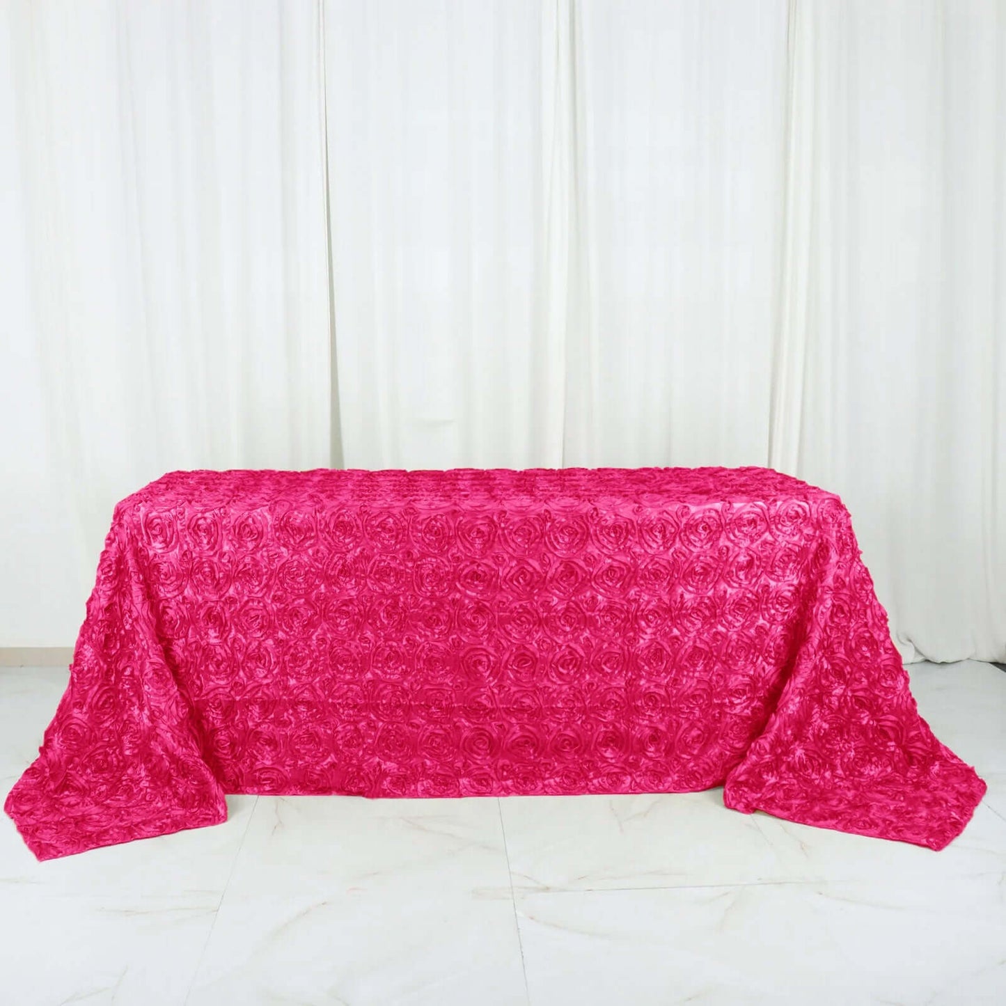 Satin 90"x132" Rectangle Tablecloth Fuchsia - Grandiose 3D Rosette Seamless Table Cover - Linen Luxes
