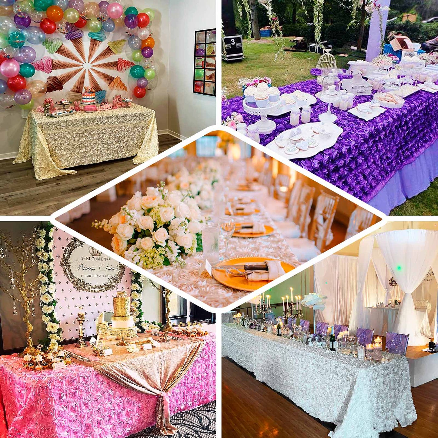 Satin 90"x132" Rectangle Tablecloth Fuchsia - Grandiose 3D Rosette Seamless Table Cover - Linen Luxes