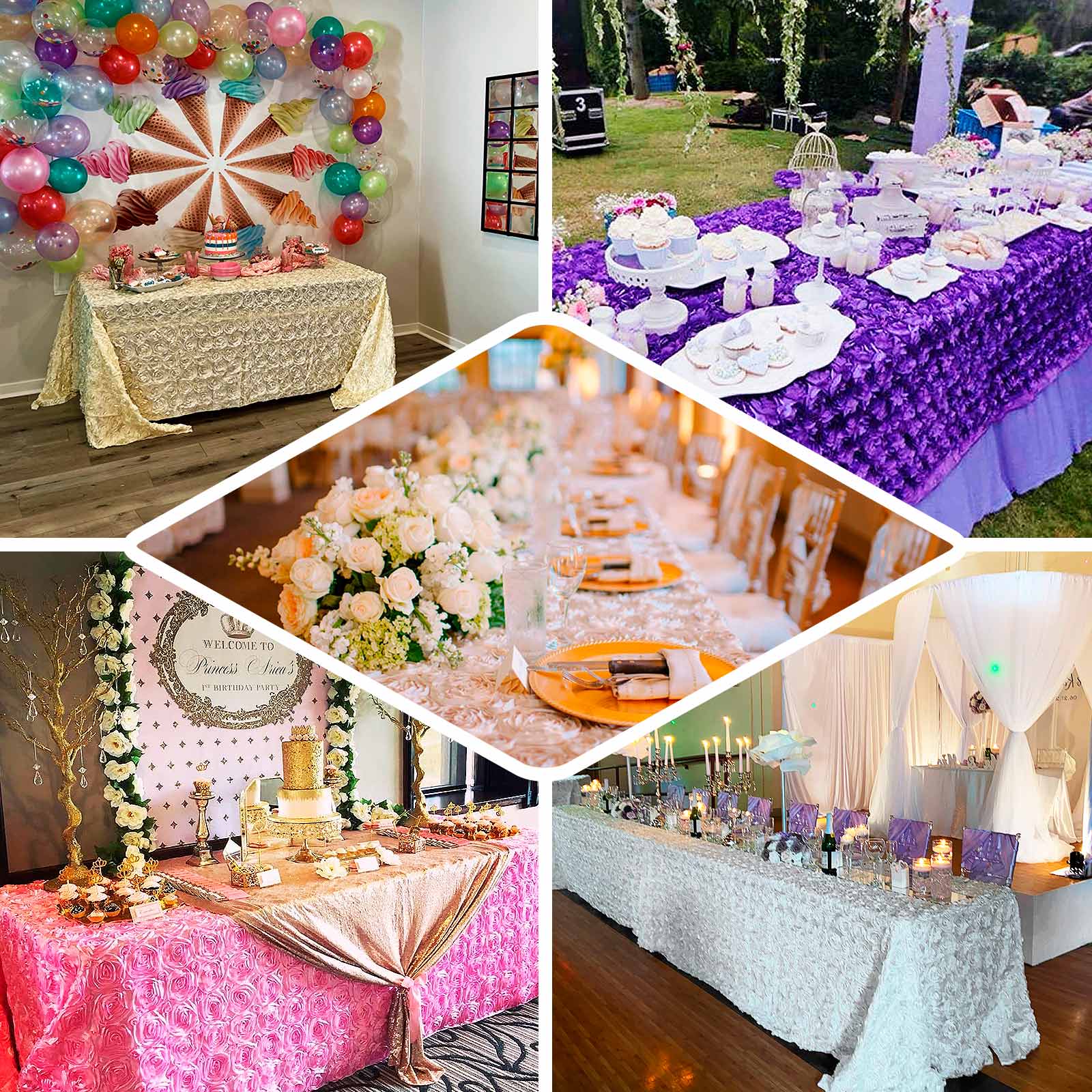 Satin 90"x132" Rectangle Tablecloth Fuchsia - Grandiose 3D Rosette Seamless Table Cover - Linen Luxes