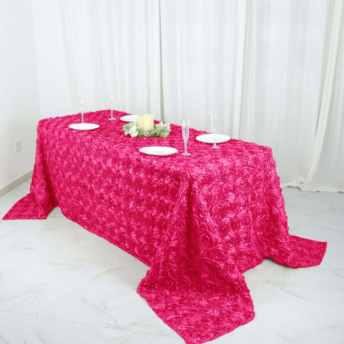 Satin 90"x132" Rectangle Tablecloth Fuchsia - Grandiose 3D Rosette Seamless Table Cover - Linen Luxes