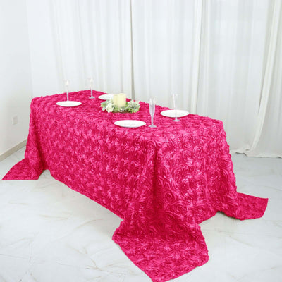 Satin 90"x132" Rectangle Tablecloth Fuchsia - Grandiose 3D Rosette Seamless Table Cover - Linen Luxes