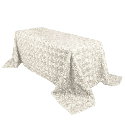 Satin 90"x132" Rectangle Tablecloth Ivory - Grandiose 3D Rosette Seamless Table Cover - Linen Luxes
