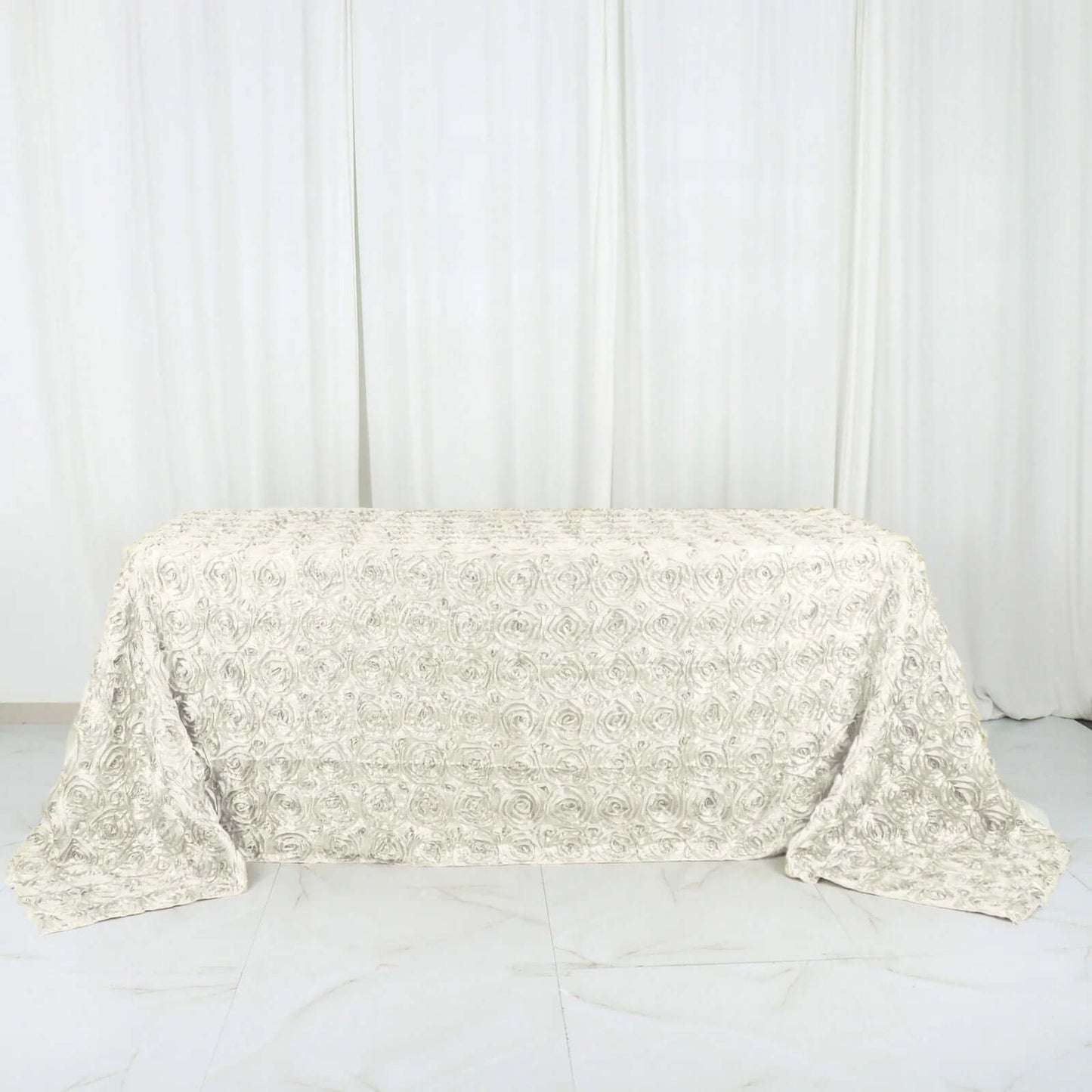 Satin 90"x132" Rectangle Tablecloth Ivory - Grandiose 3D Rosette Seamless Table Cover - Linen Luxes