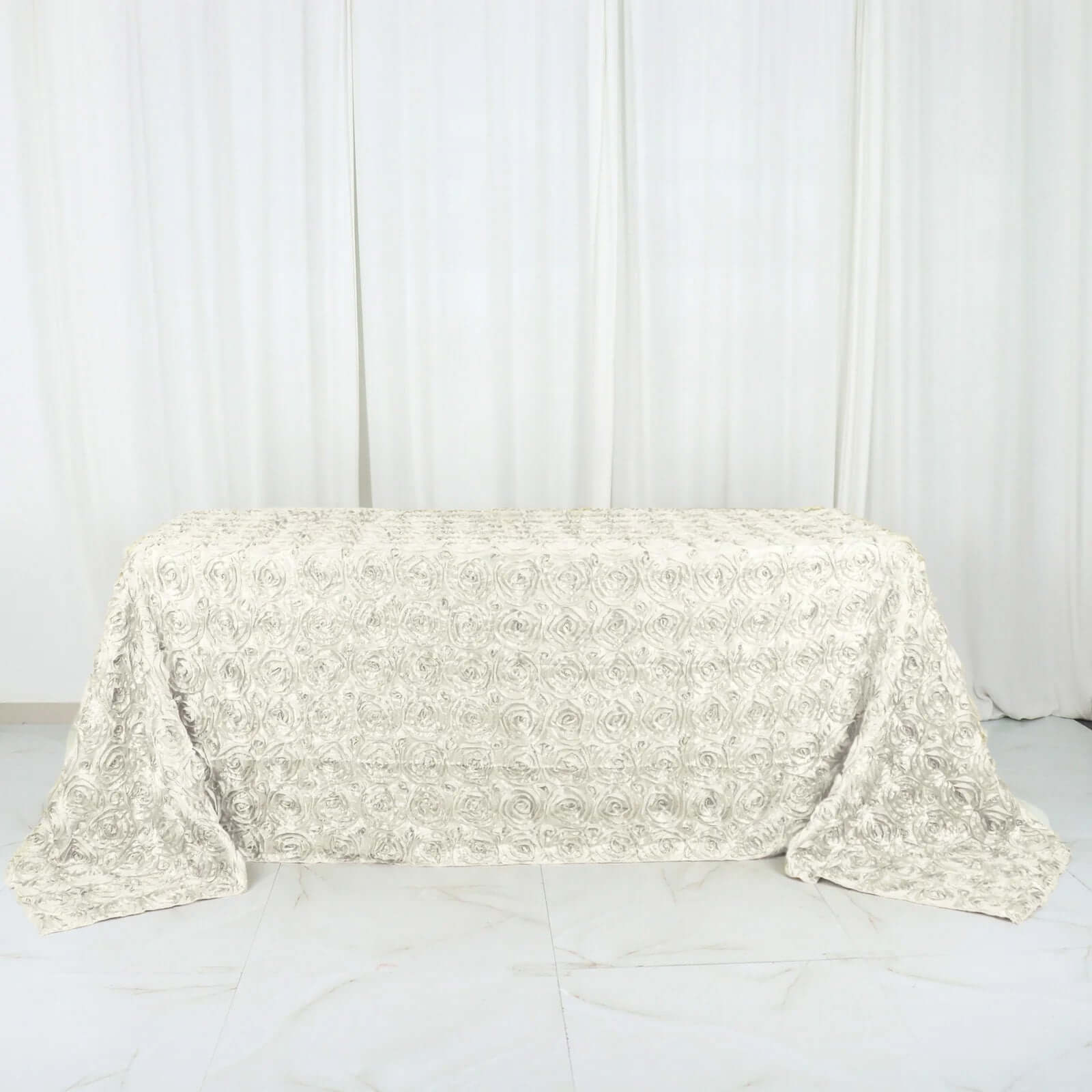 Satin 90"x132" Rectangle Tablecloth Ivory - Grandiose 3D Rosette Seamless Table Cover - Linen Luxes