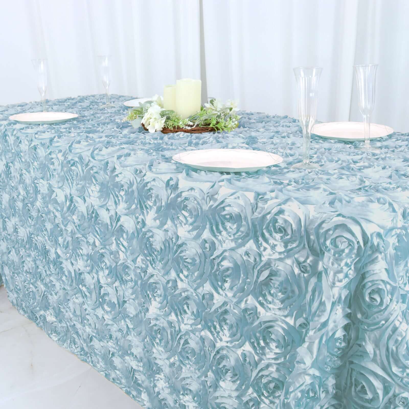 Satin 90"x132" Rectangle Tablecloth Light Blue - Grandiose 3D Rosette Seamless Table Cover - Linen Luxes