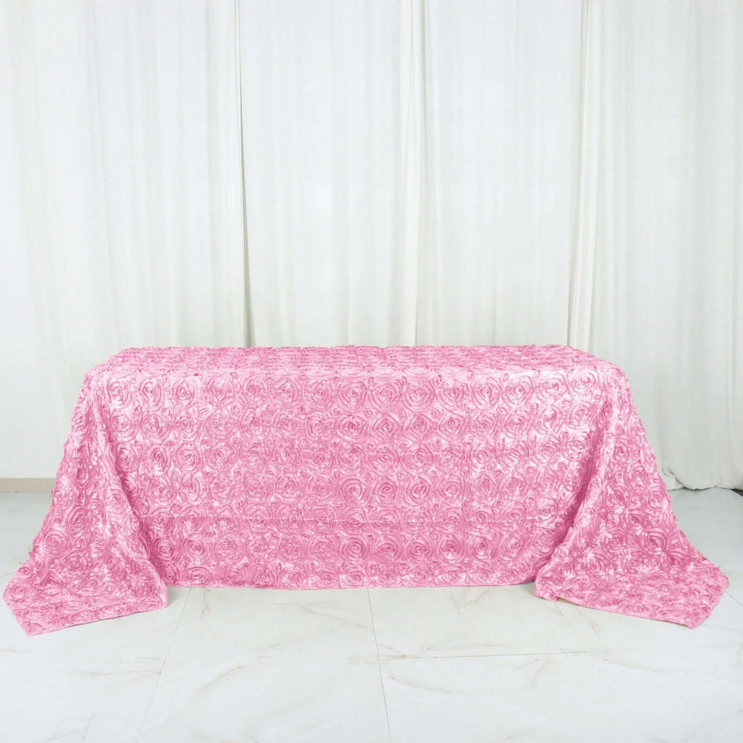 Satin 90"x132" Rectangle Tablecloth Pink - Grandiose 3D Rosette Seamless Table Cover - Linen Luxes