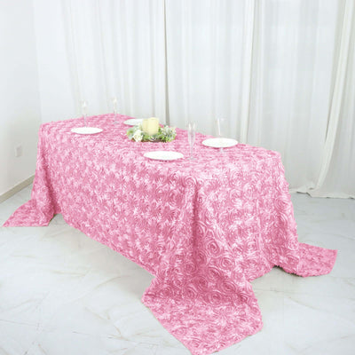 Satin 90"x132" Rectangle Tablecloth Pink - Grandiose 3D Rosette Seamless Table Cover - Linen Luxes