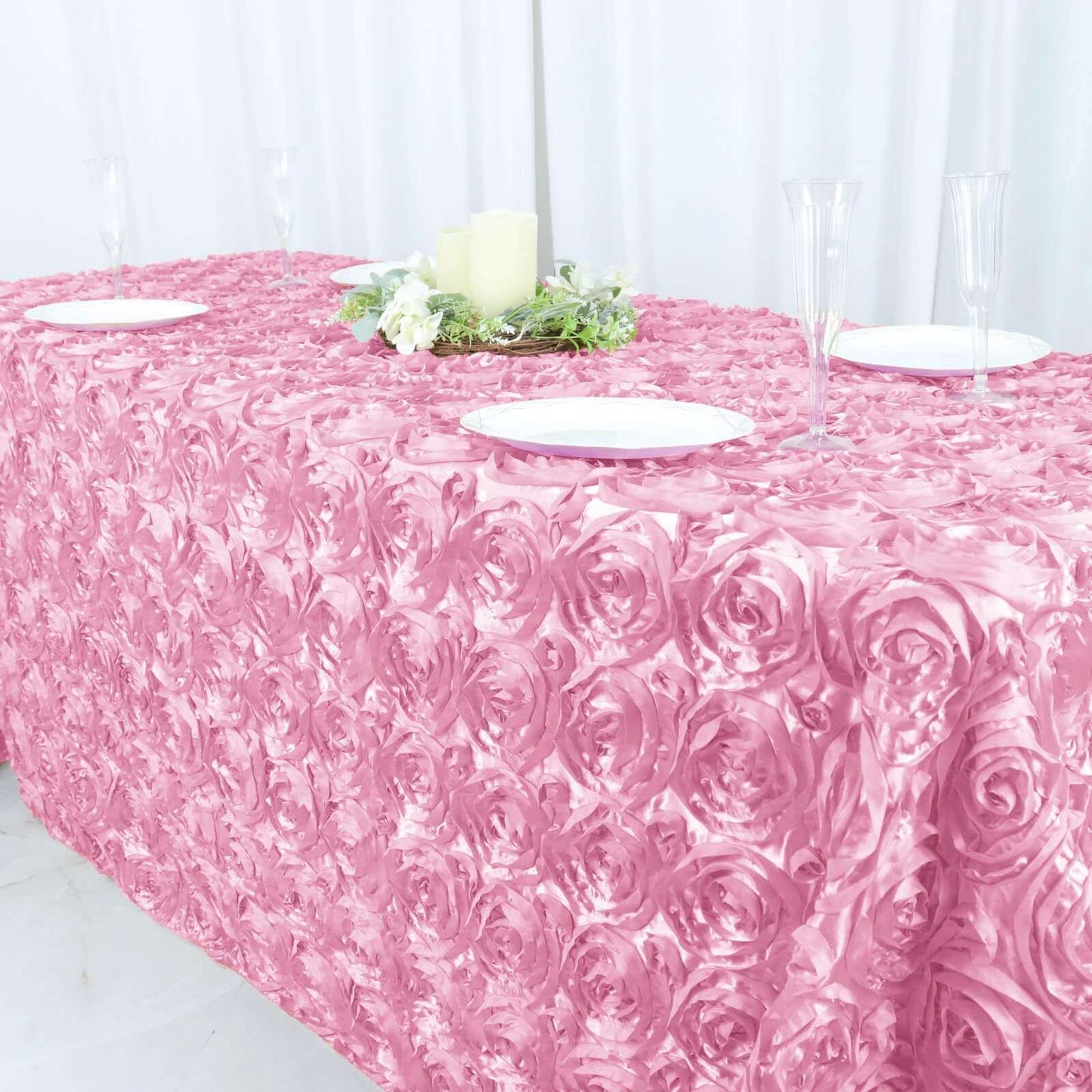 Satin 90"x132" Rectangle Tablecloth Pink - Grandiose 3D Rosette Seamless Table Cover - Linen Luxes