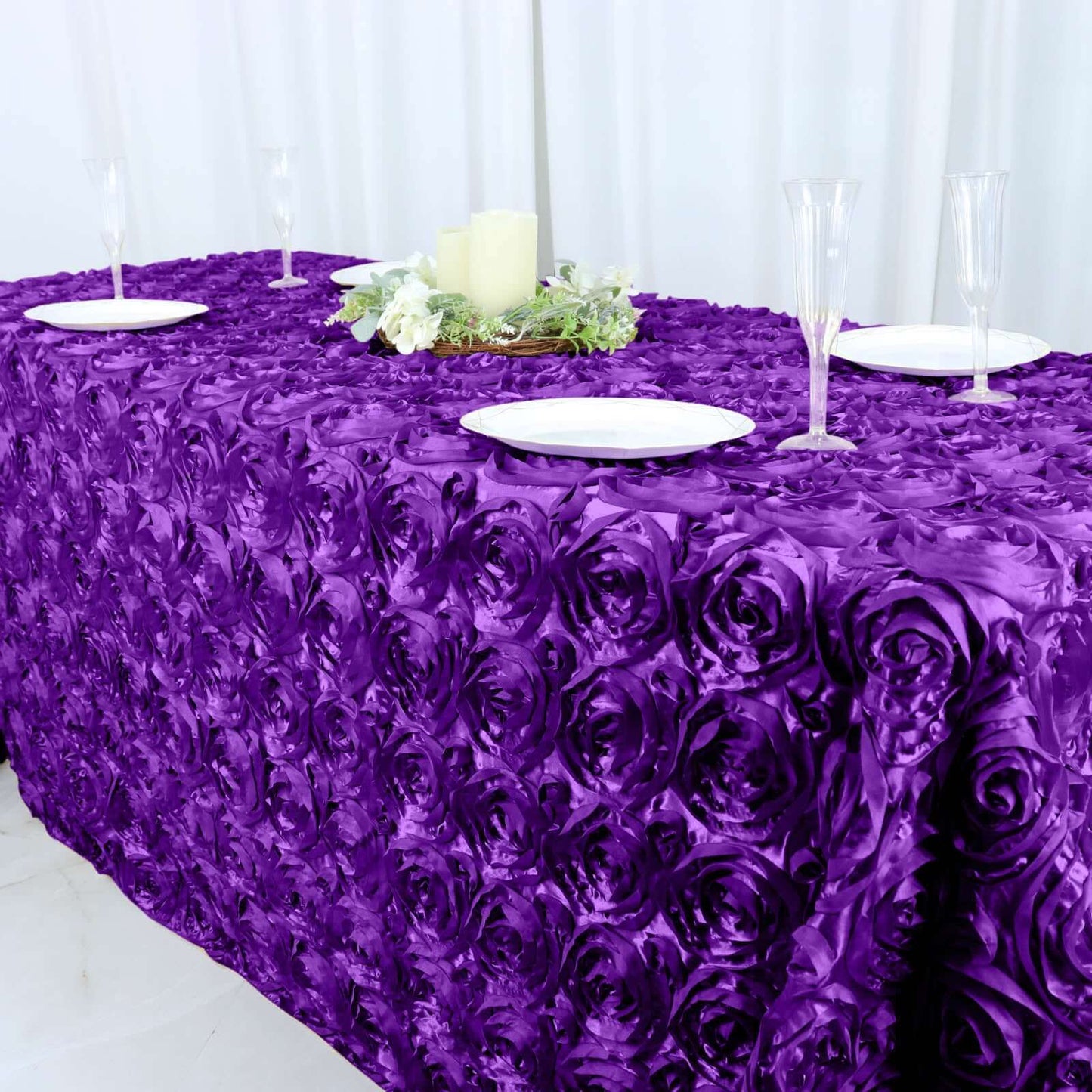 Satin 90"x132" Rectangle Tablecloth Purple - Grandiose 3D Rosette Seamless Table Cover - Linen Luxes