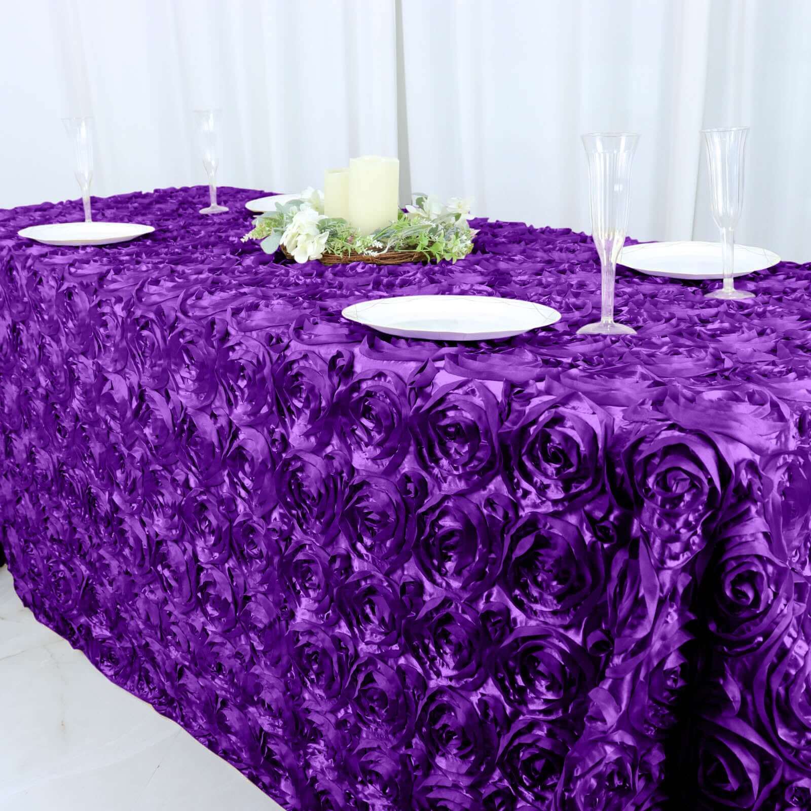 Satin 90"x132" Rectangle Tablecloth Purple - Grandiose 3D Rosette Seamless Table Cover - Linen Luxes