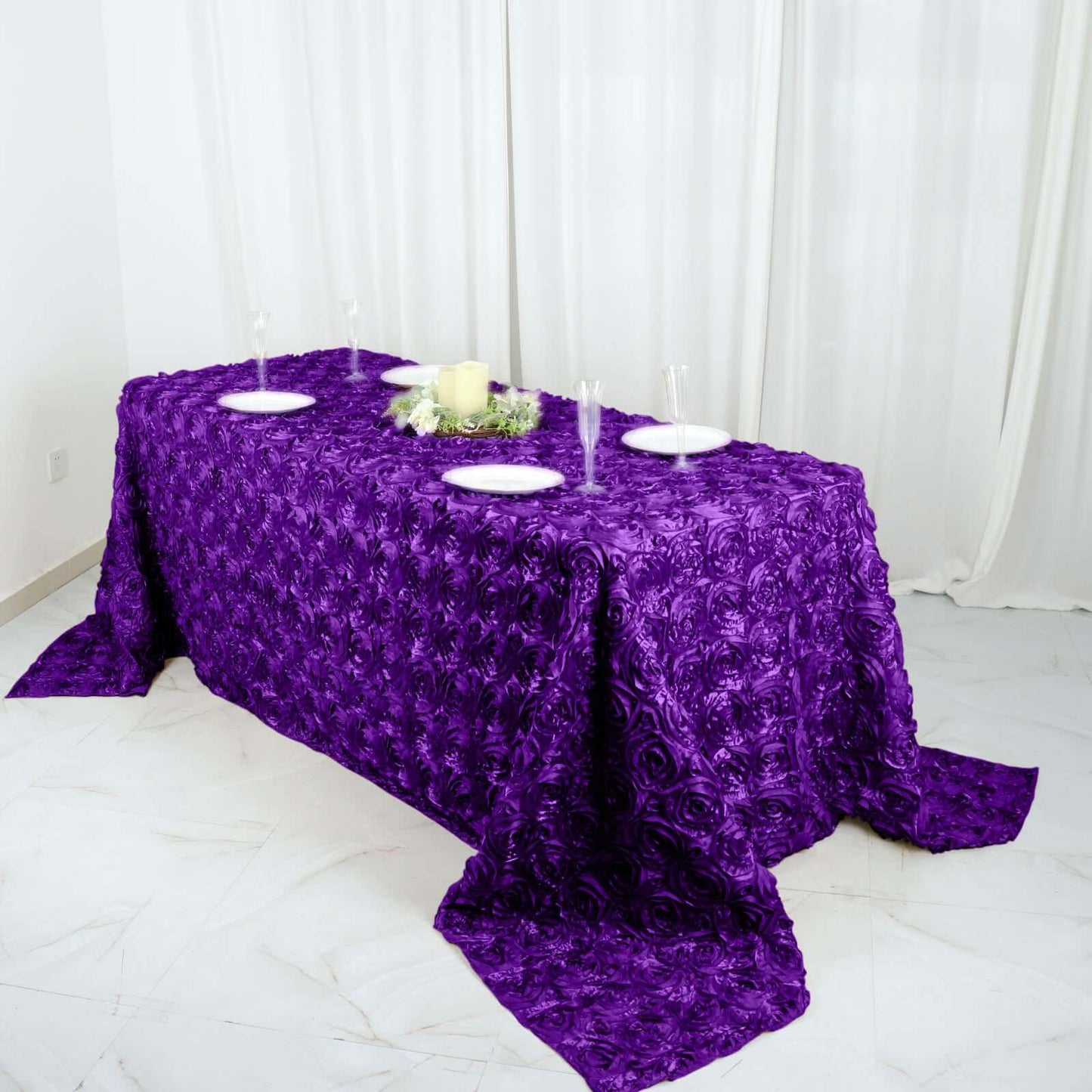 Satin 90"x132" Rectangle Tablecloth Purple - Grandiose 3D Rosette Seamless Table Cover - Linen Luxes