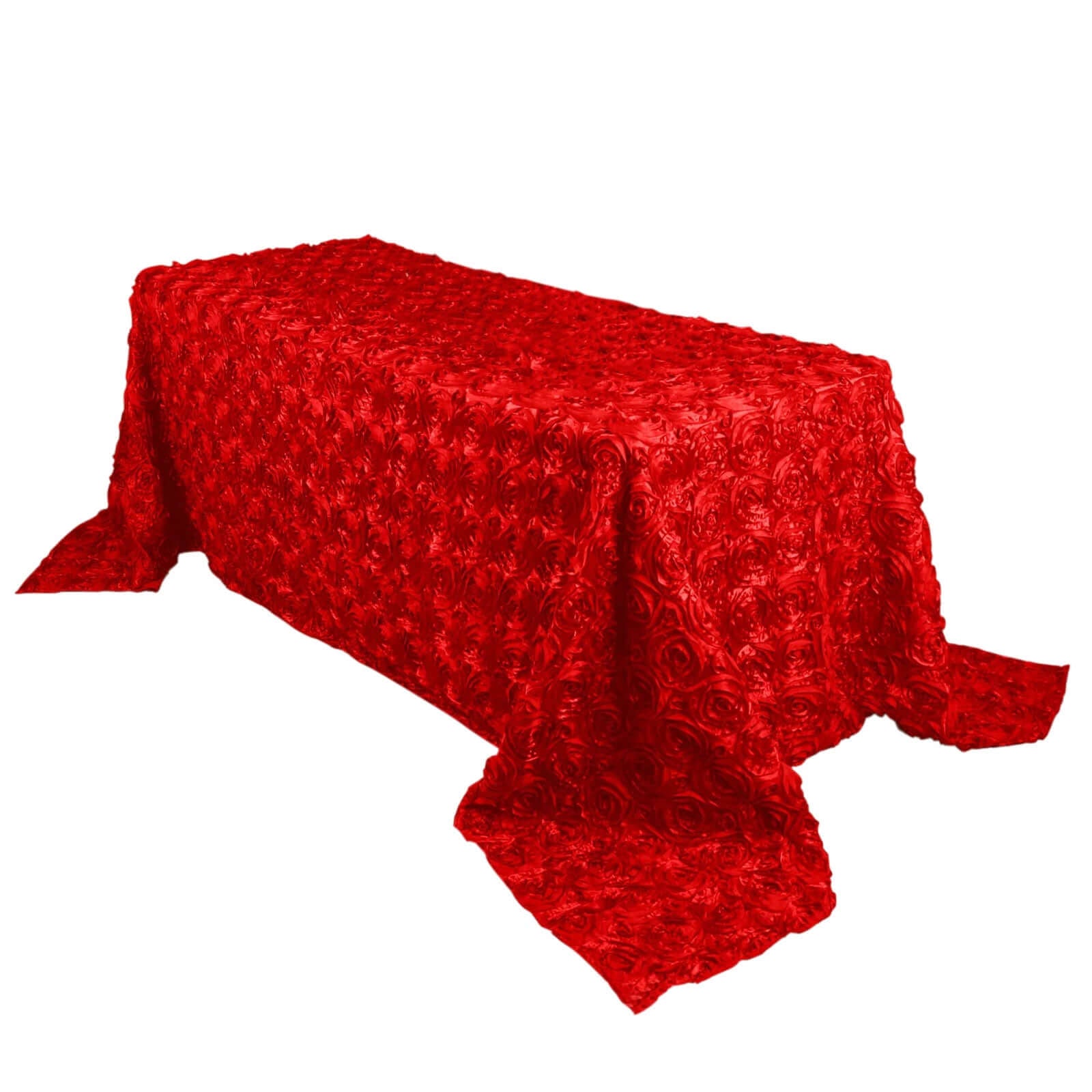 Satin 90"x132" Rectangle Tablecloth Red - Grandiose 3D Rosette Seamless Table Cover - Linen Luxes