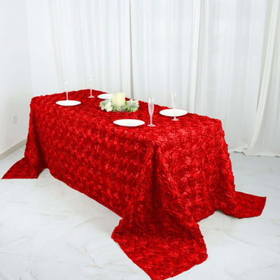 Satin 90"x132" Rectangle Tablecloth Red - Grandiose 3D Rosette Seamless Table Cover - Linen Luxes