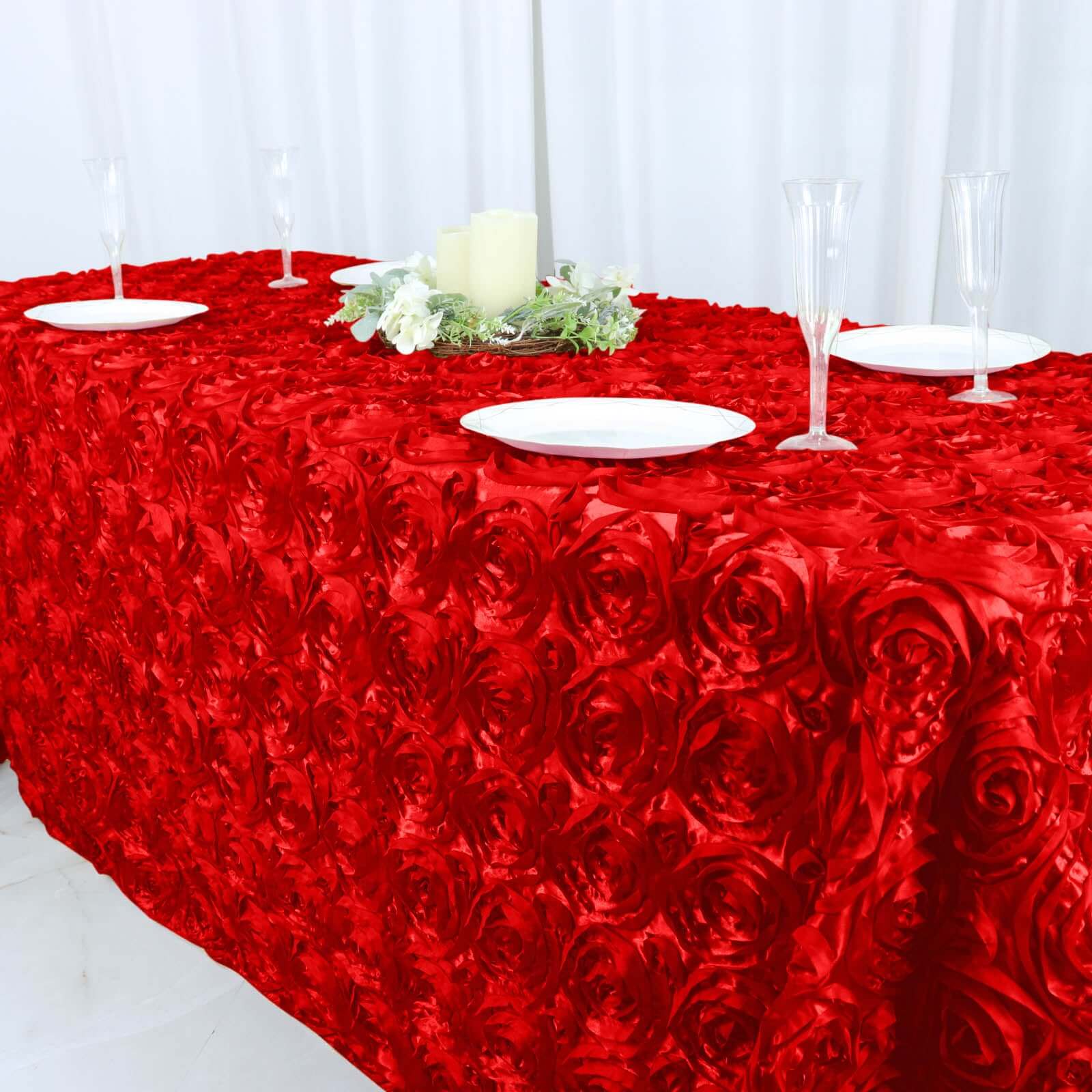Satin 90"x132" Rectangle Tablecloth Red - Grandiose 3D Rosette Seamless Table Cover - Linen Luxes