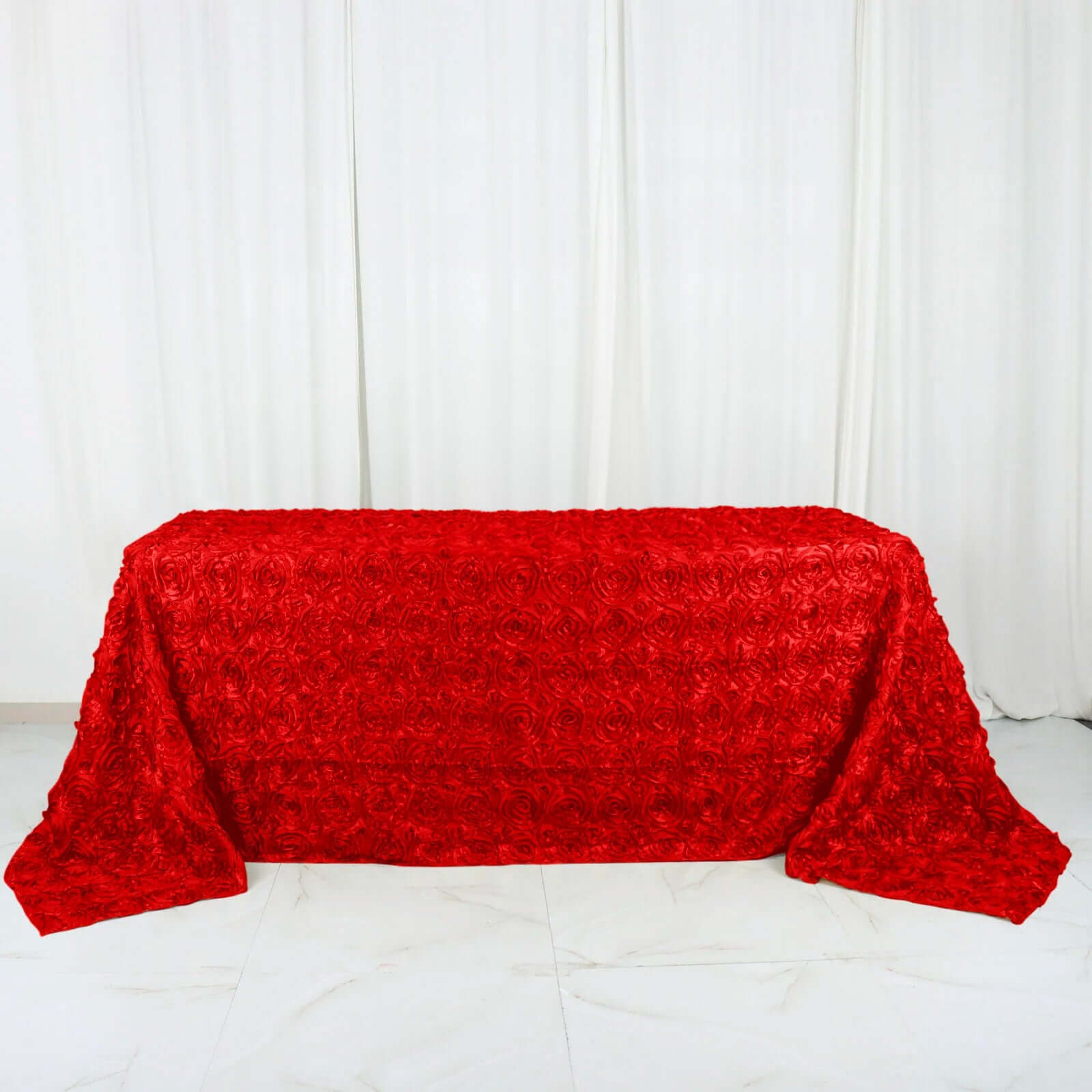Satin 90"x132" Rectangle Tablecloth Red - Grandiose 3D Rosette Seamless Table Cover - Linen Luxes
