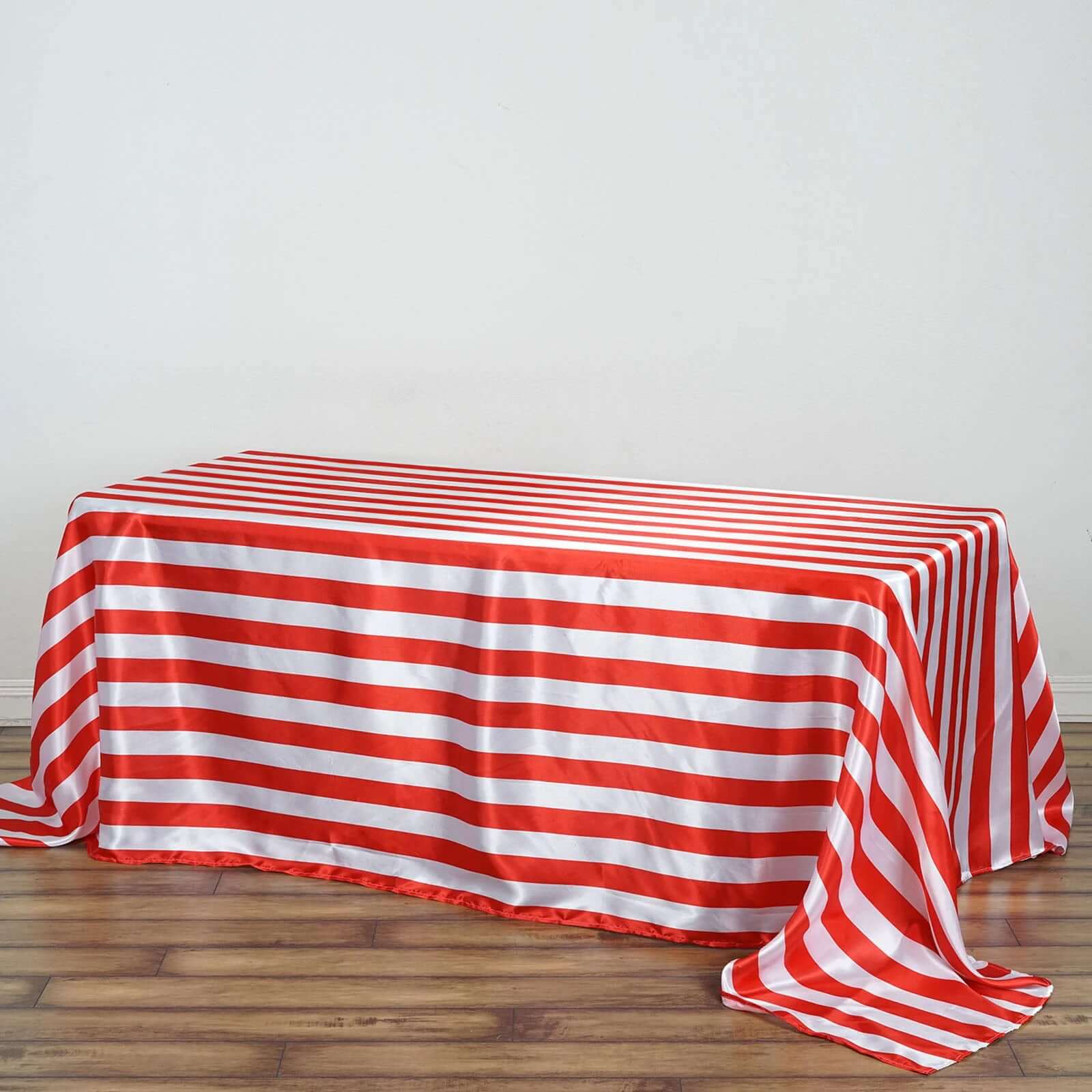 Satin 90"x132" Rectangle Tablecloth Red/White - Stripe Design with Seamless Silky Smooth Finish Table Cover - Linen Luxes