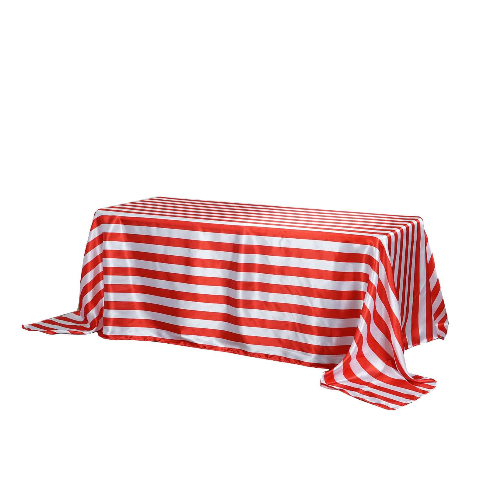 Satin 90"x132" Rectangle Tablecloth Red/White - Stripe Design with Seamless Silky Smooth Finish Table Cover - Linen Luxes