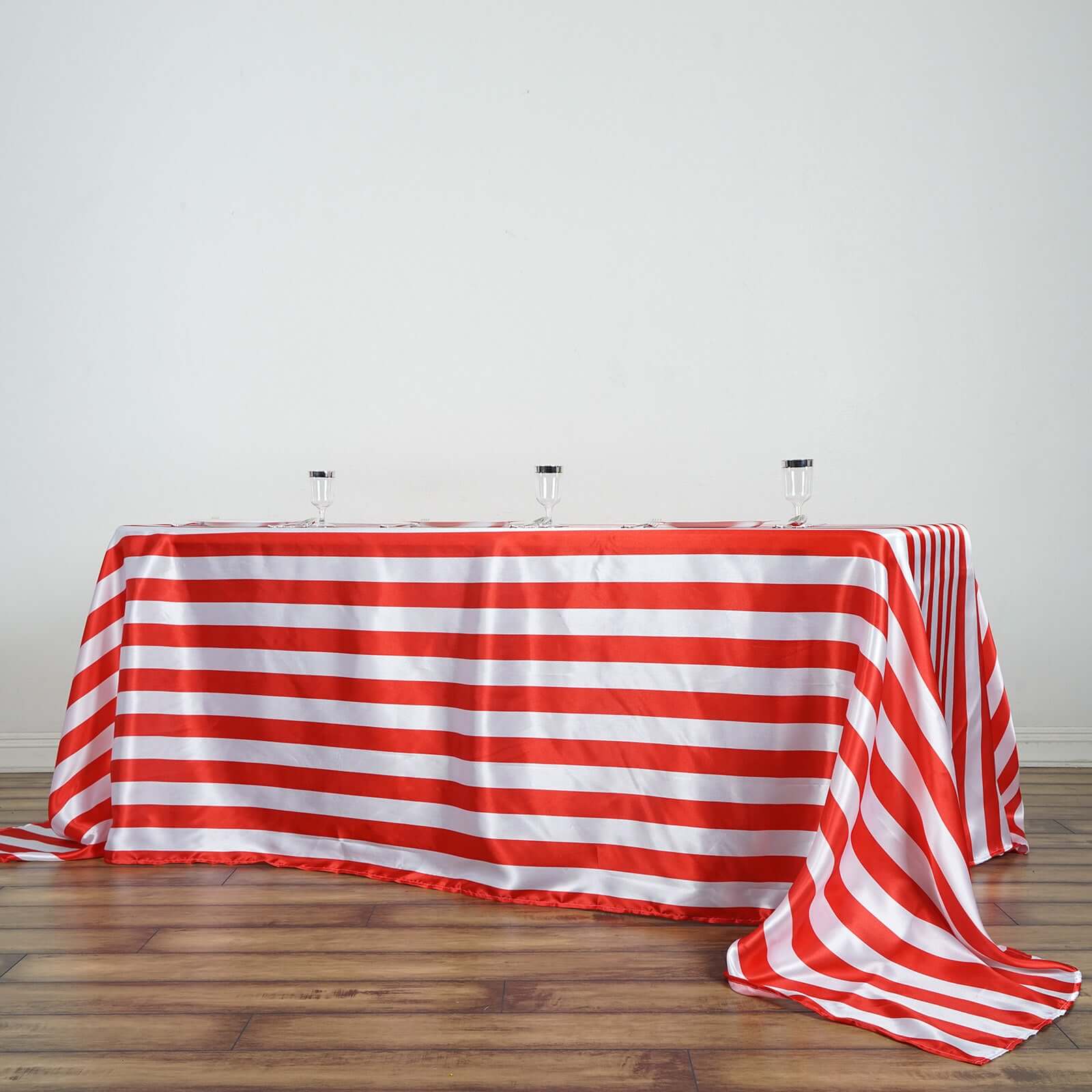 Satin 90"x132" Rectangle Tablecloth Red/White - Stripe Design with Seamless Silky Smooth Finish Table Cover - Linen Luxes