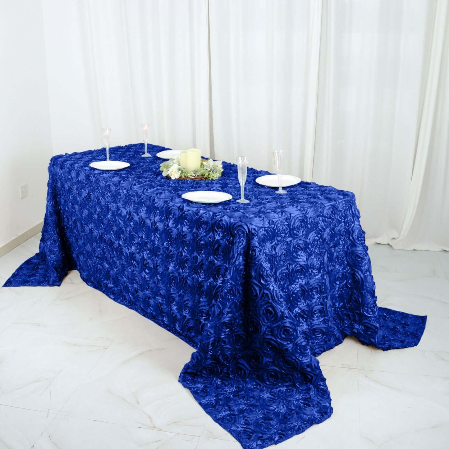 Satin 90"x132" Rectangle Tablecloth Royal Blue - Grandiose 3D Rosette Seamless Table Cover - Linen Luxes