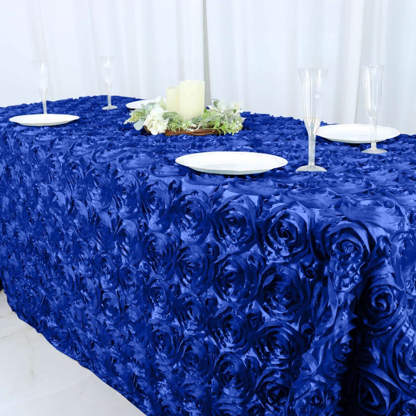 Satin 90"x132" Rectangle Tablecloth Royal Blue - Grandiose 3D Rosette Seamless Table Cover - Linen Luxes