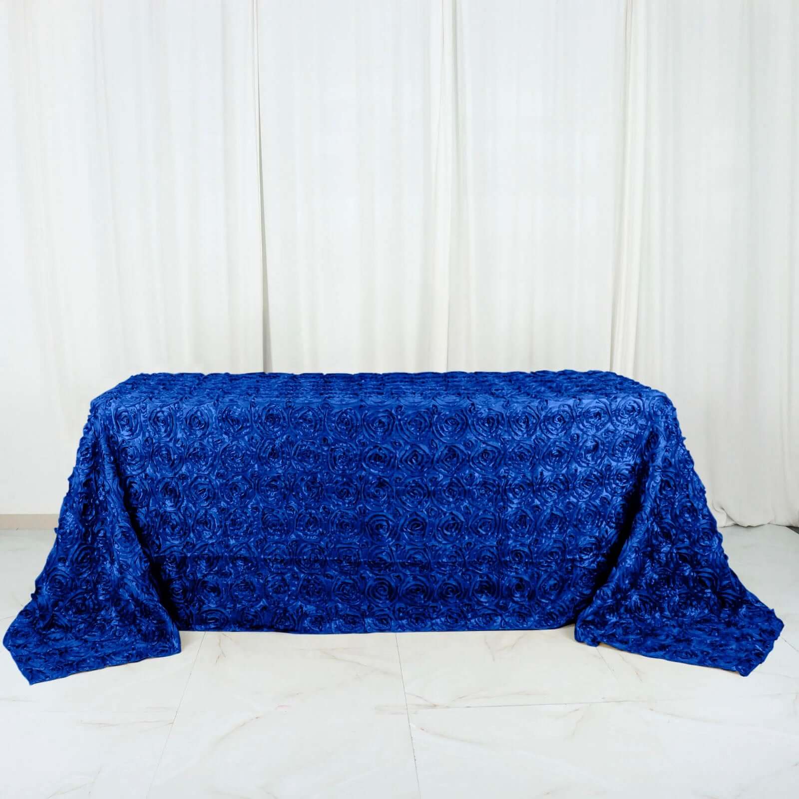 Satin 90"x132" Rectangle Tablecloth Royal Blue - Grandiose 3D Rosette Seamless Table Cover - Linen Luxes