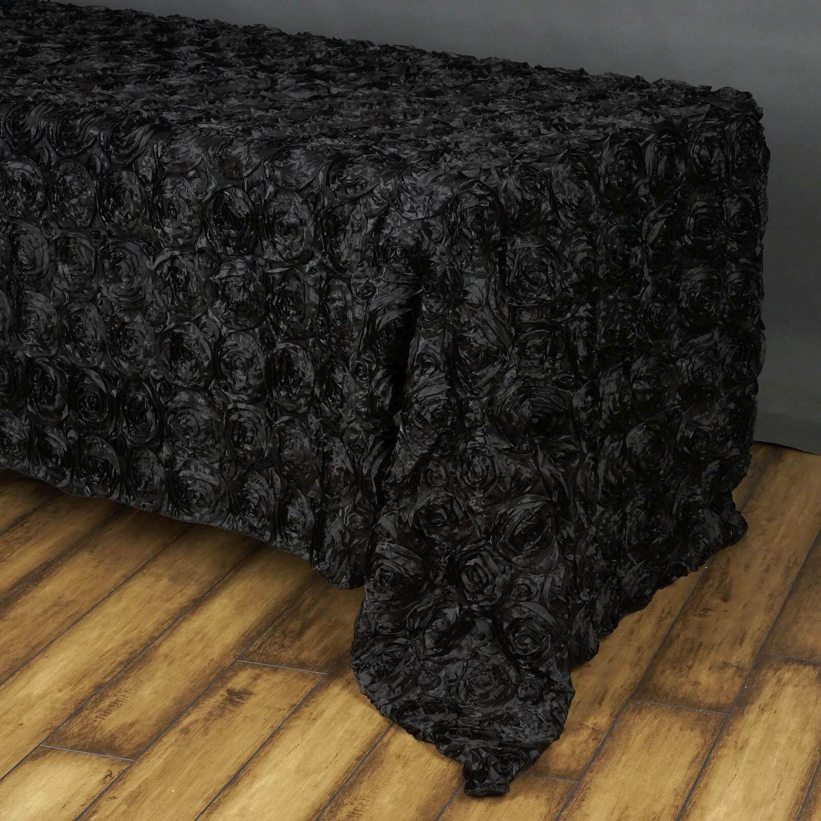 Satin 90"x156" Rectangle Tablecloth Black - Grandiose 3D Rosette Table Cover with Seamless Finish - Linen Luxes