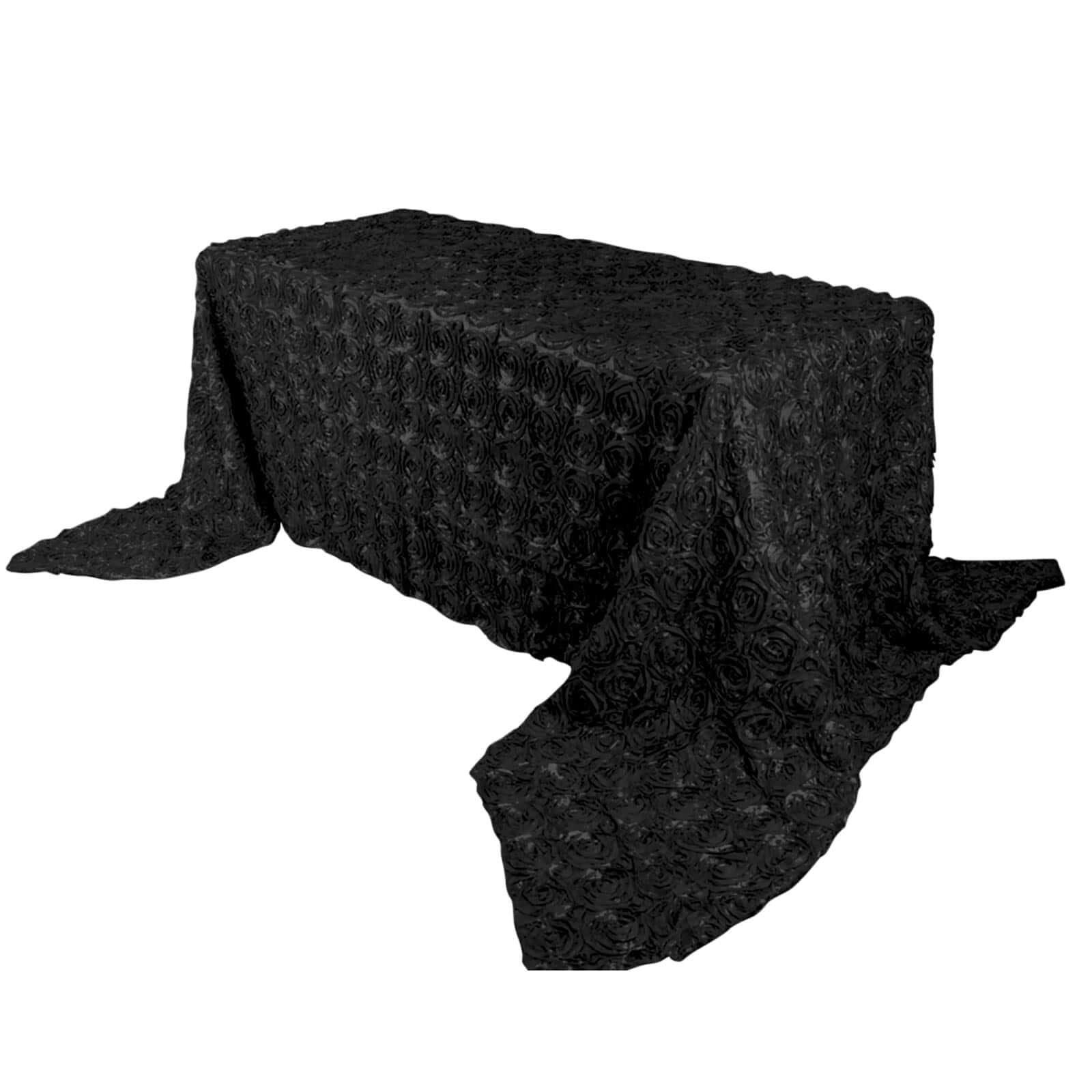 Satin 90"x156" Rectangle Tablecloth Black - Grandiose 3D Rosette Table Cover with Seamless Finish - Linen Luxes
