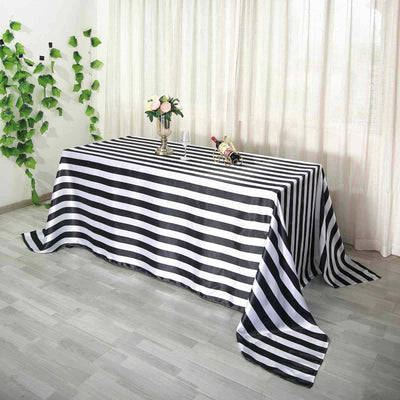 Satin 90"x156" Rectangle Tablecloth Black/White - Stripe Design with Seamless Finish Table Cover - Linen Luxes