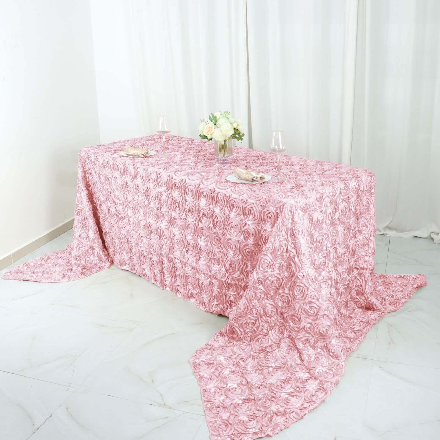Satin 90"x156" Rectangle Tablecloth Blush - Grandiose 3D Rosette Table Cover with Seamless Finish - Linen Luxes