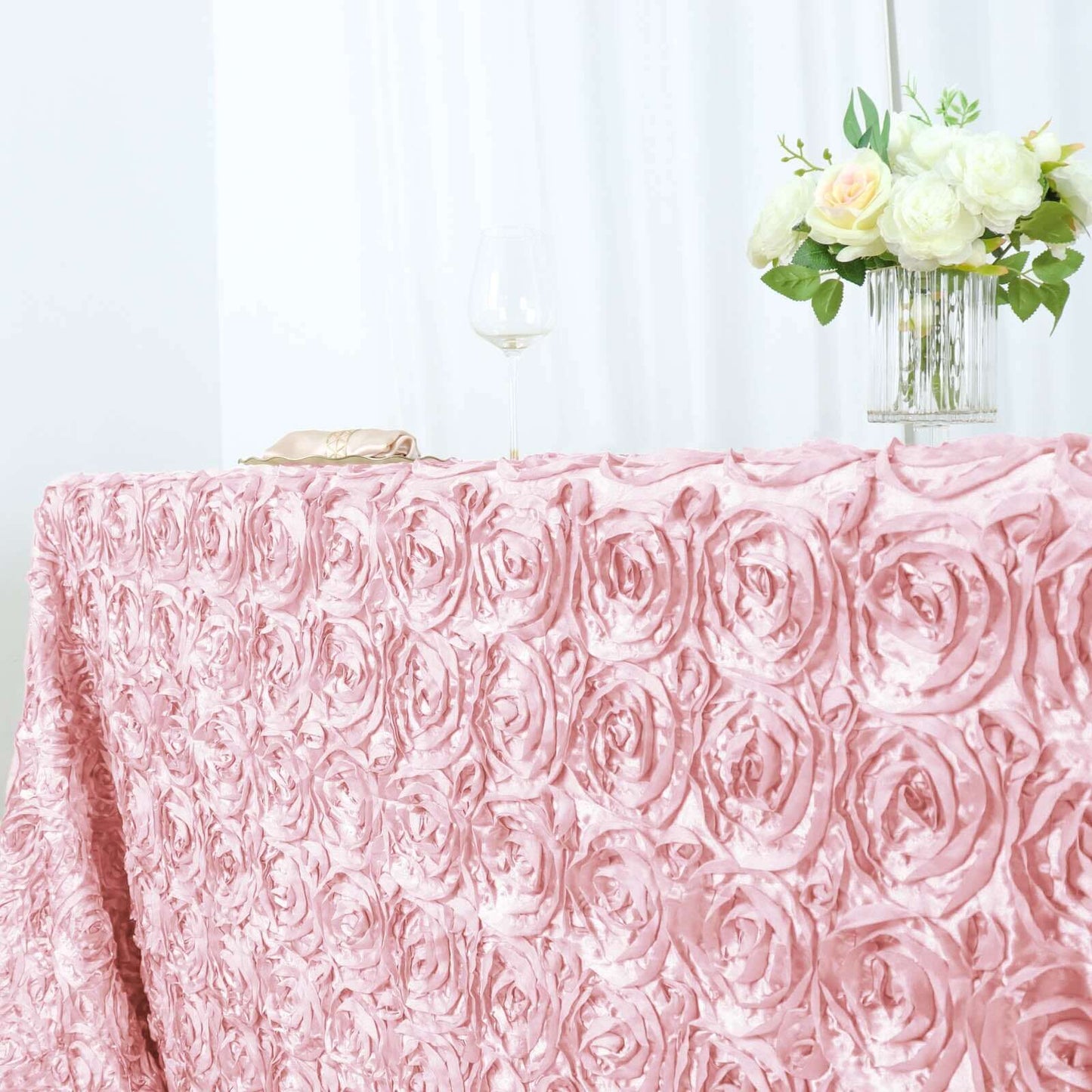 Satin 90"x156" Rectangle Tablecloth Blush - Grandiose 3D Rosette Table Cover with Seamless Finish - Linen Luxes