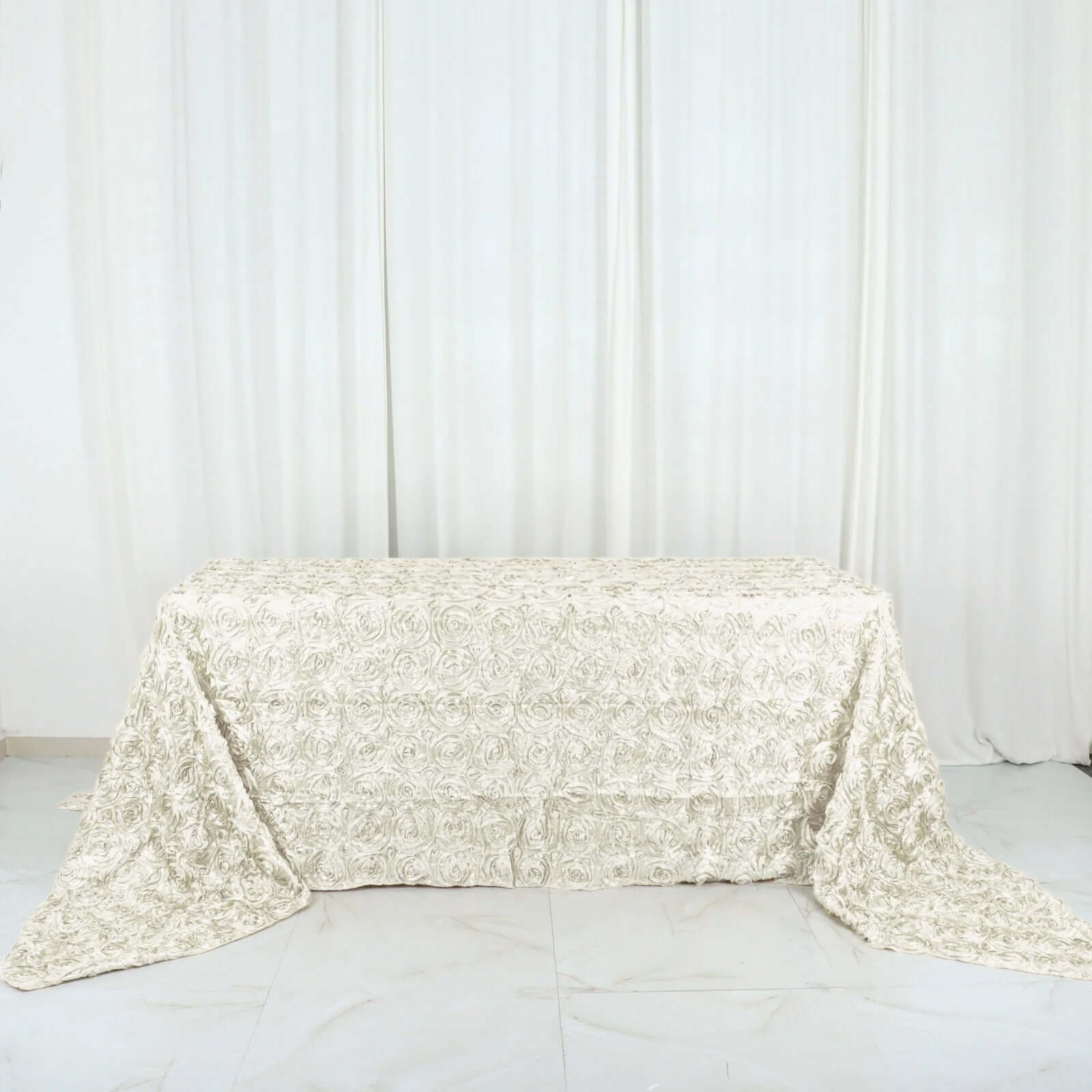Satin 90"x156" Rectangle Tablecloth Ivory - Grandiose 3D Rosette Table Cover with Seamless Finish - Linen Luxes