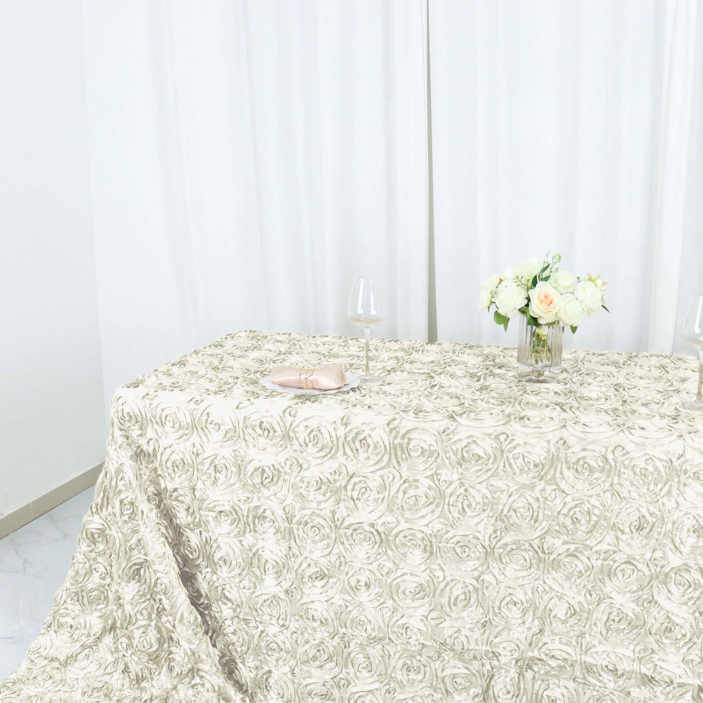 Satin 90"x156" Rectangle Tablecloth Ivory - Grandiose 3D Rosette Table Cover with Seamless Finish - Linen Luxes